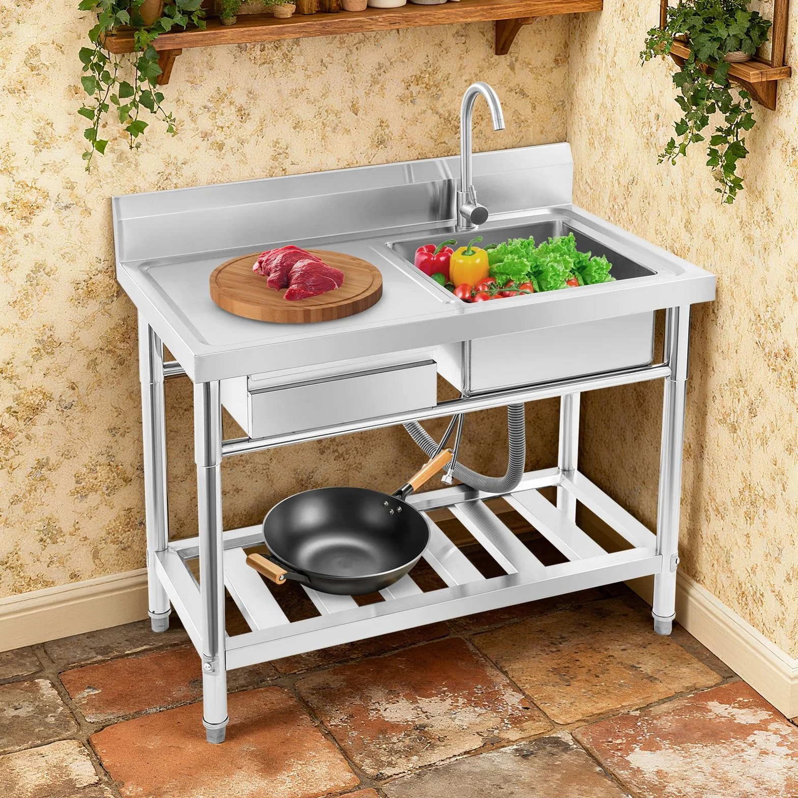 Évier indépendant acier inoxydable extérieur 100x60x80 cm robinet pivotant 360°