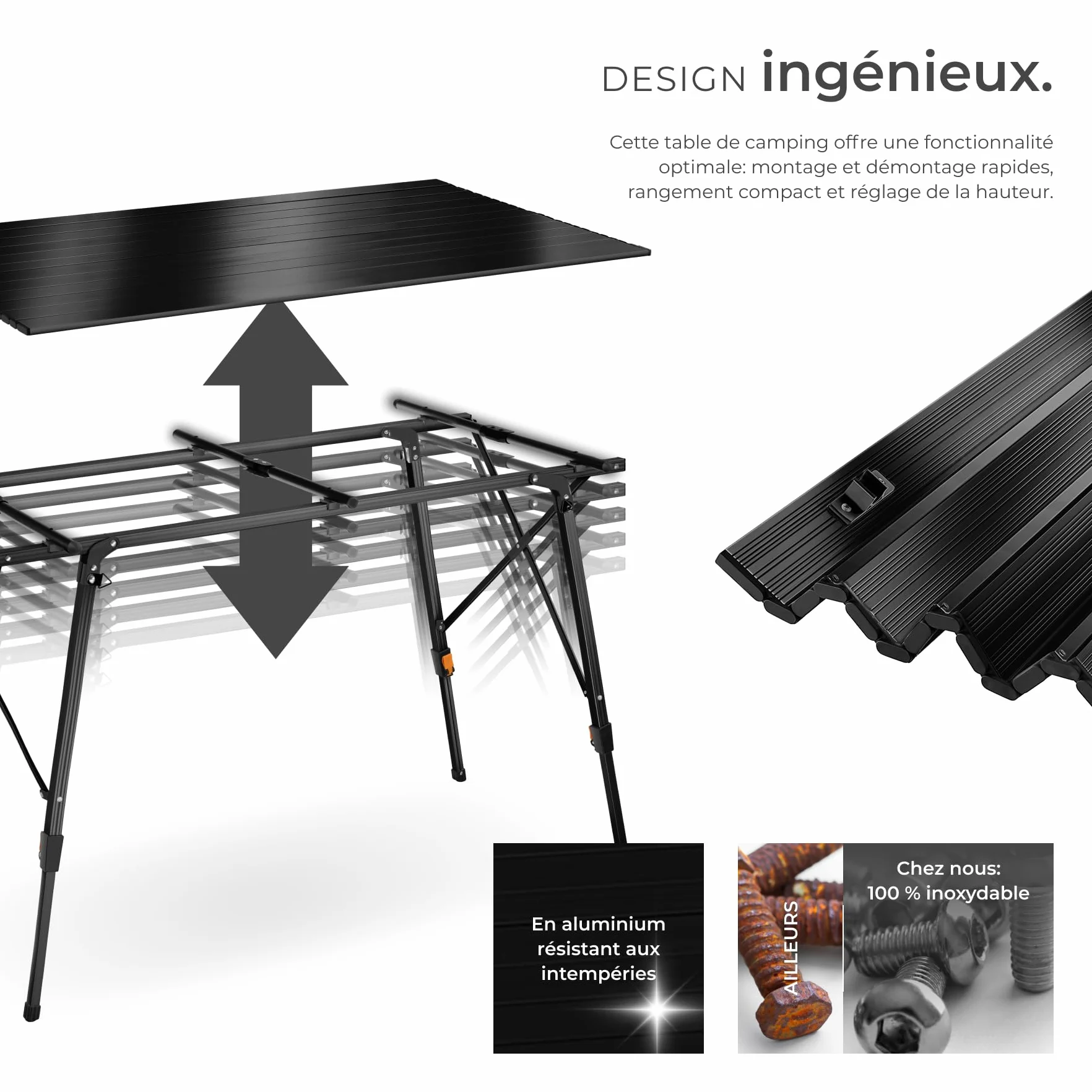 Tectake Table Pliante Aluminium 120x70,5x58-79 cm Réglable Hauteur Camping Pliable Noir
