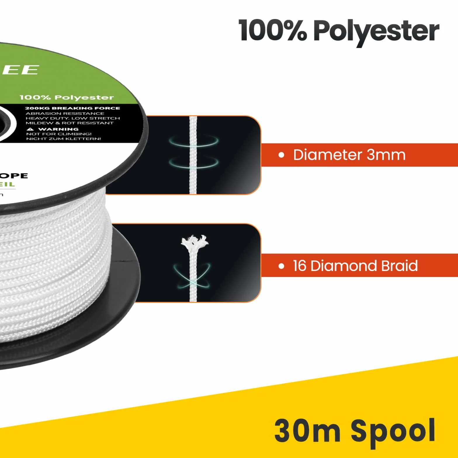 Brotree Corde de Polyester 3mm x 30m Blanc - Cordage Tresse Nautique pour Extrieur, Amarrage, Bateau, Jardin - 200KG Charge de Rupture