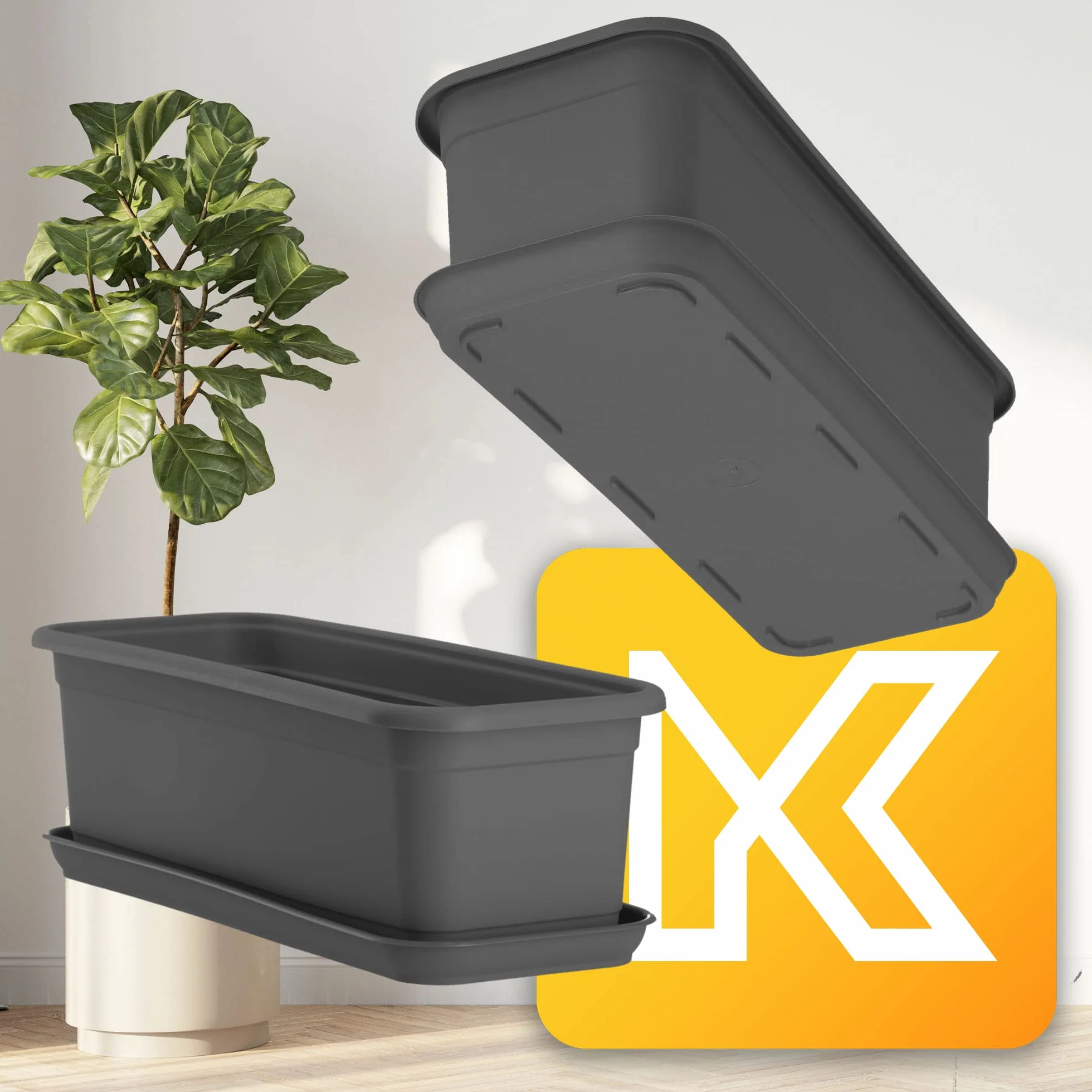 KADAX Jardinière 40 cm avec sous-plateau, Anthracite – Pot de fleurs en plastique pour balcon intérieur extérieur