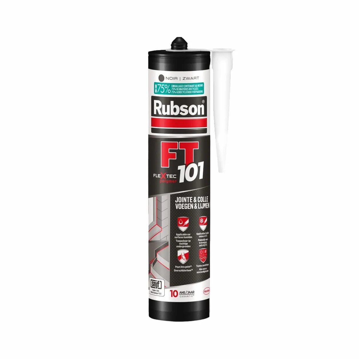 Rubson Mastic FT 101 Joint Fissure et Colle Noir (cartouche 280 ml) – Mastic polyvalent tous matériaux – Étanche et résistant