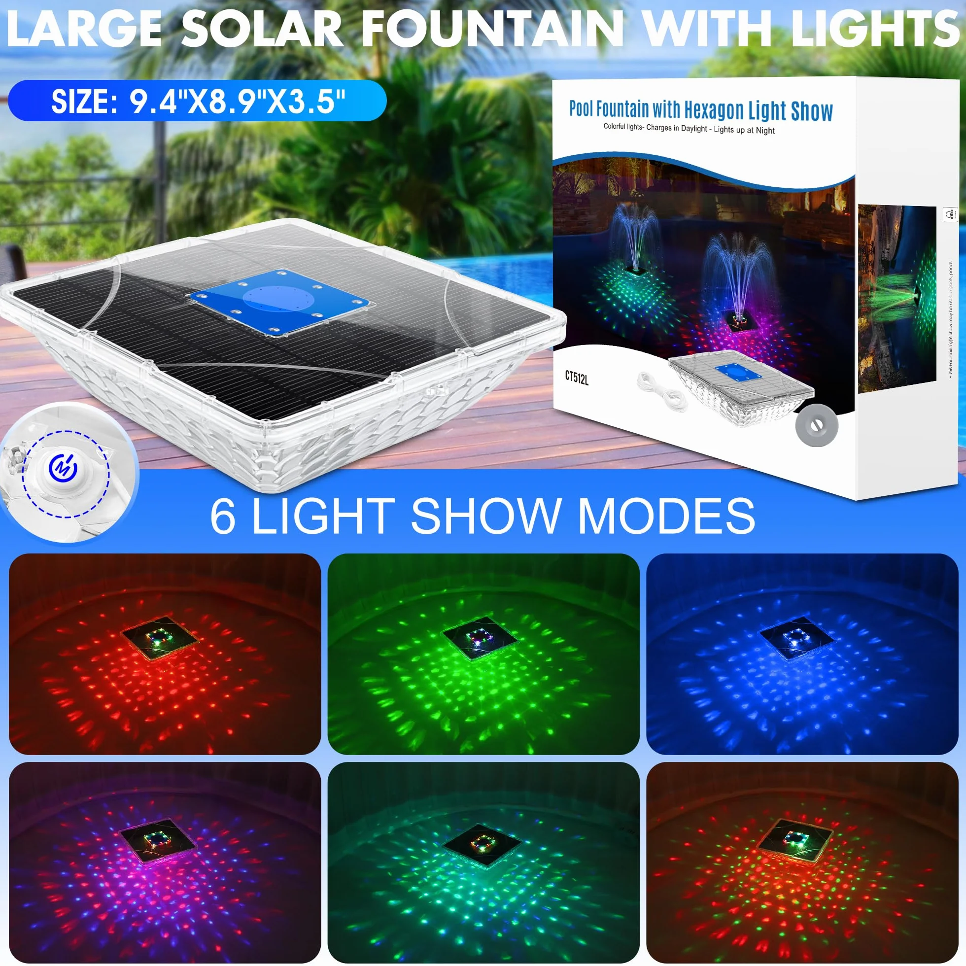Fontaine Solaire Flottante avec Lumière 2 Modes Hauteur 110cm pour Piscine Bassin