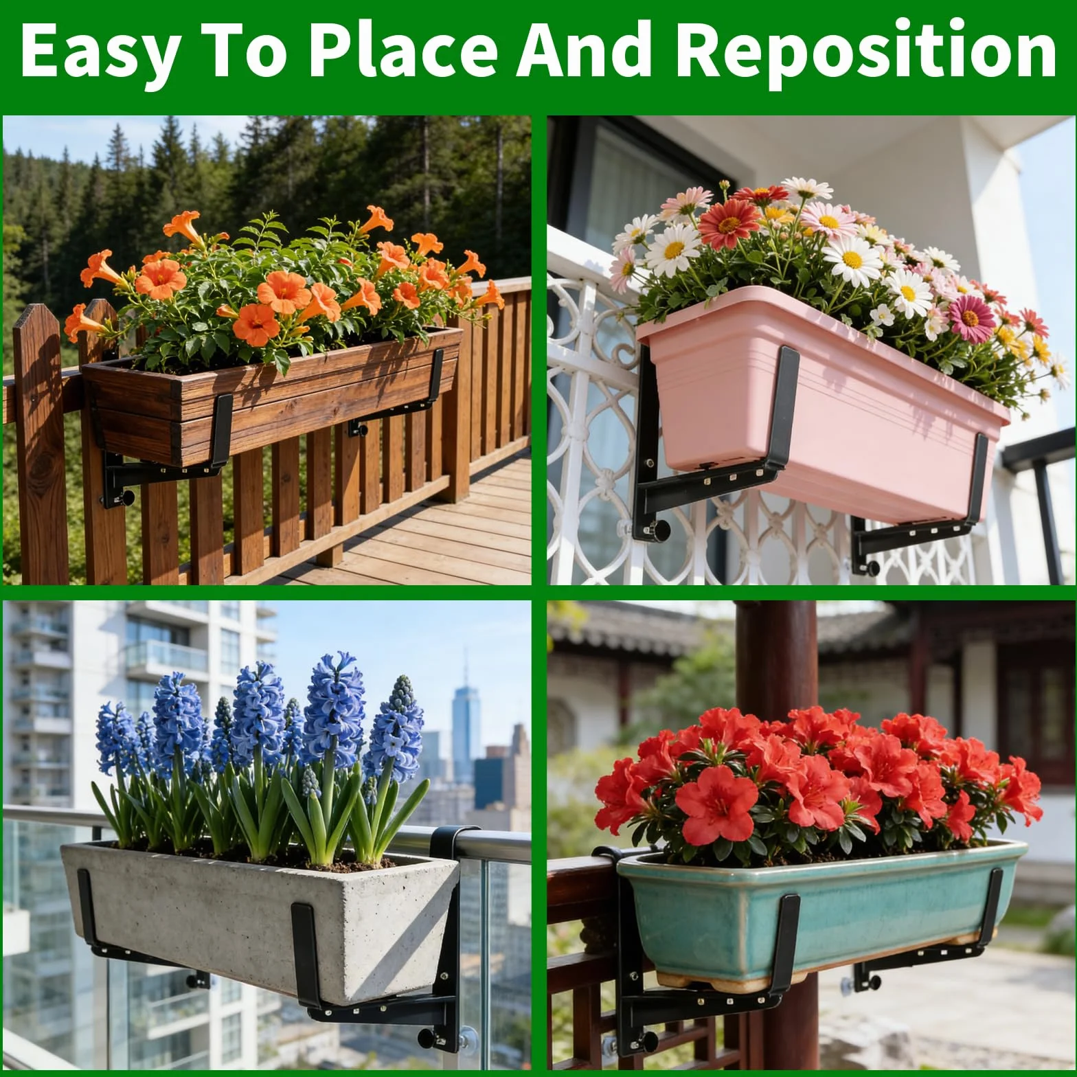 Supports De Jardinière Robustes pour Balcon en Métal Renforcé Réglable Noir Lot De 2