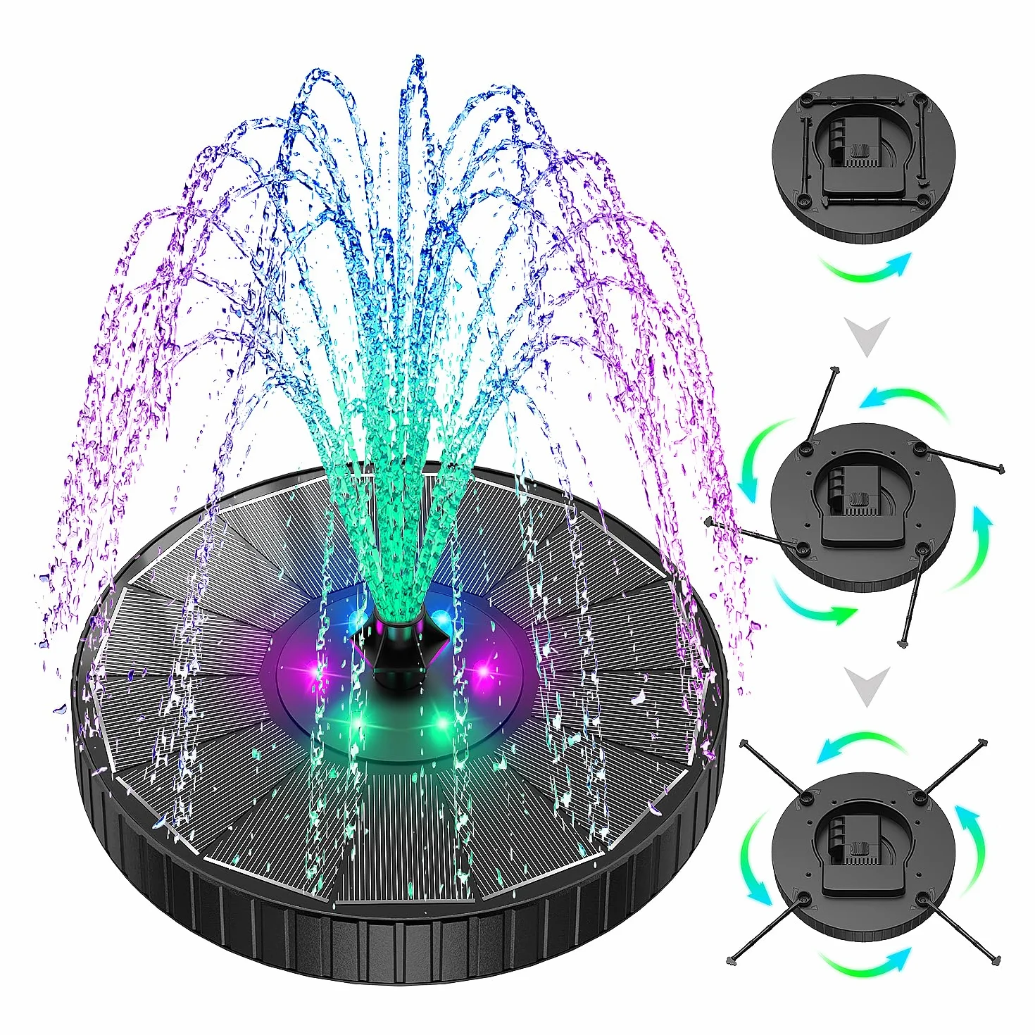 Fontaine Solaire LED Colorée 3.5W Extérieur Flottante Pompe Bassin Solaire 3 Modes Réglage Hauteur d’Eau 2000mAh Batterie avec 7 Buses&Barres Rotatives Jardin Noir