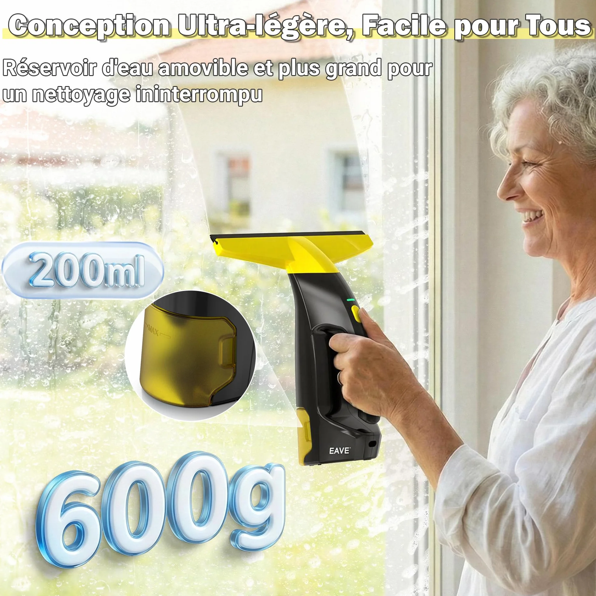 Eave Nettoyeur Vitre, Kit Nettoyeurs de Vitres Sans Fil avec Autonomie de 45 min, Lave Vitre Electrique avec Raclettes de 28cm & Réservoir de 200ml, Adapté aux Vitres, Carrelages & Miroirs (jaune)