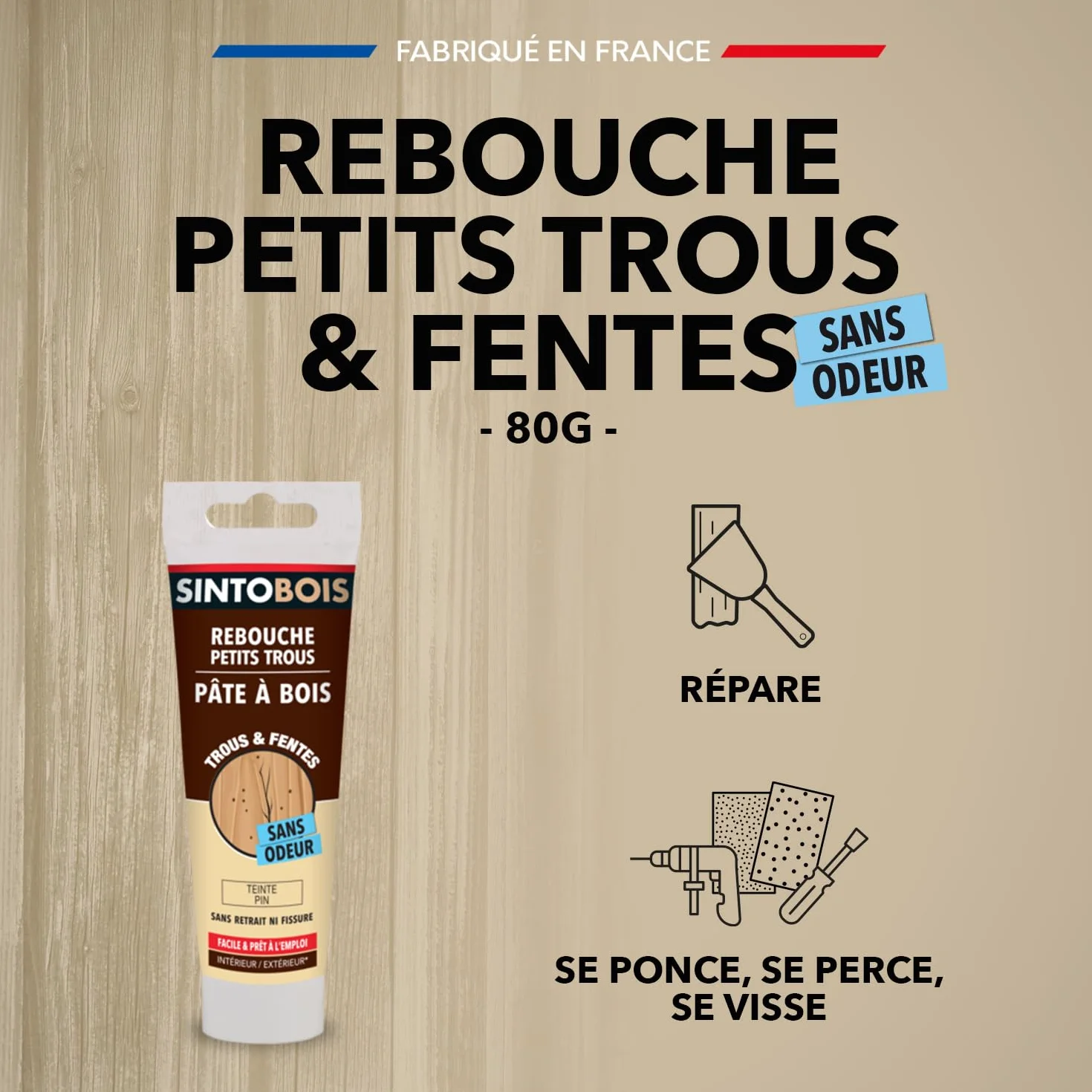 SINTO - Rebouche Petits Trous - Pâtes à Bois Sans Odeur - Prêt à l'Emploi - Sans Solvant - Sec en 4h - Intérieur et Extérieur - Ne se Rétracte pas - Pin - Technique Professionnelle - 80 g