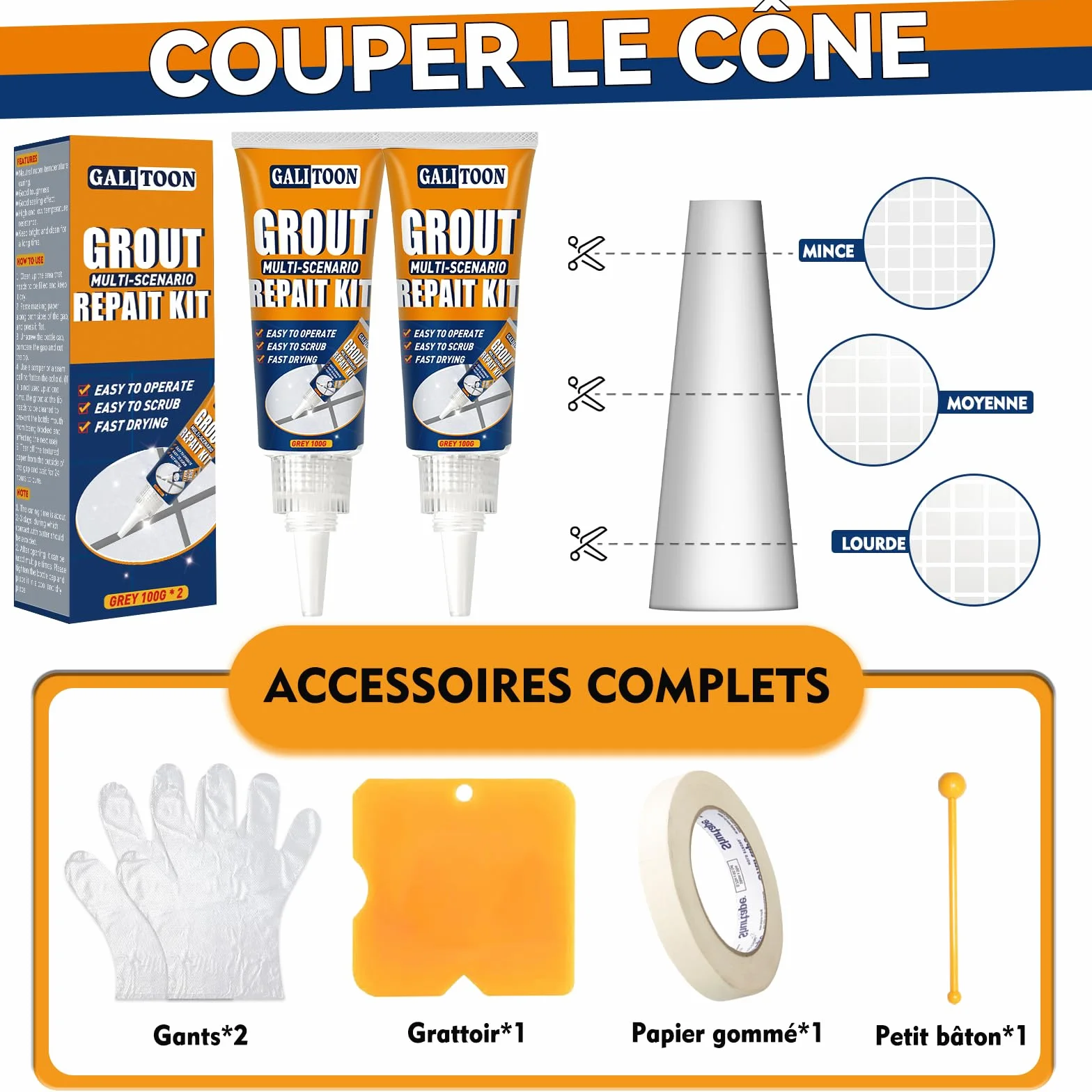 Kit de Réparation de Joints de Carrelage, Lot de 2 Réparations de Joints de Carrelages, Réparation de Joint de Carrelage à Séchage dans la Salle de Bain, Restauration (Gris, 2)