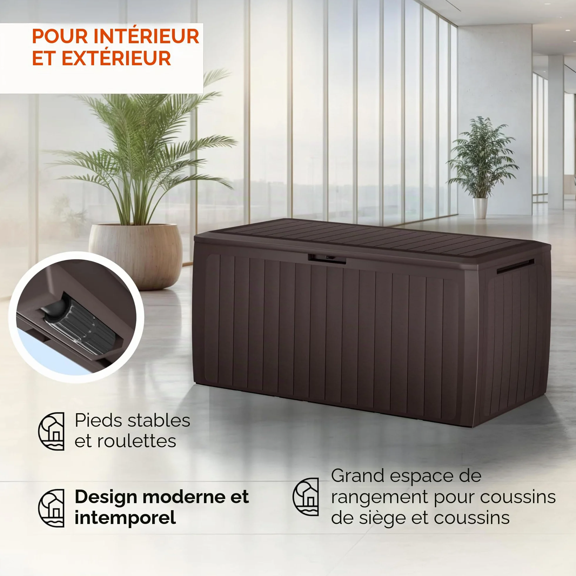 Casaria Coffre de rangement XXL Brun 290L Roulettes Poignées Malle de jardin