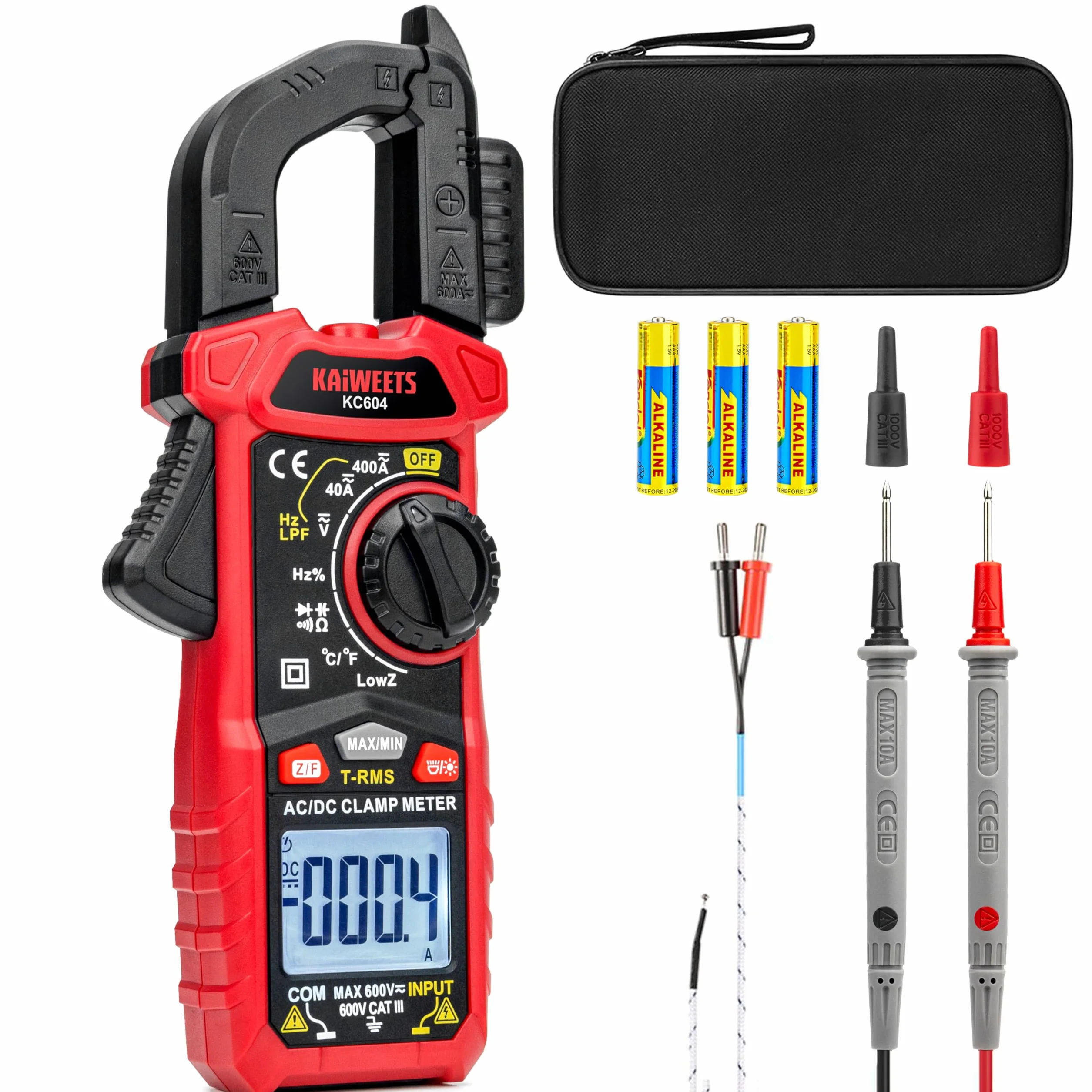 KAIWEETS Pince Ampèremètre AC/DC, Pince Multimètre Mesurer la Tension AC/DC/Courant/Température/Continuité/Diode/NCV, Pince Ampèremétrique avec Lampe de Poche, Rétro-éclairage, Mâchoire-D, KC604