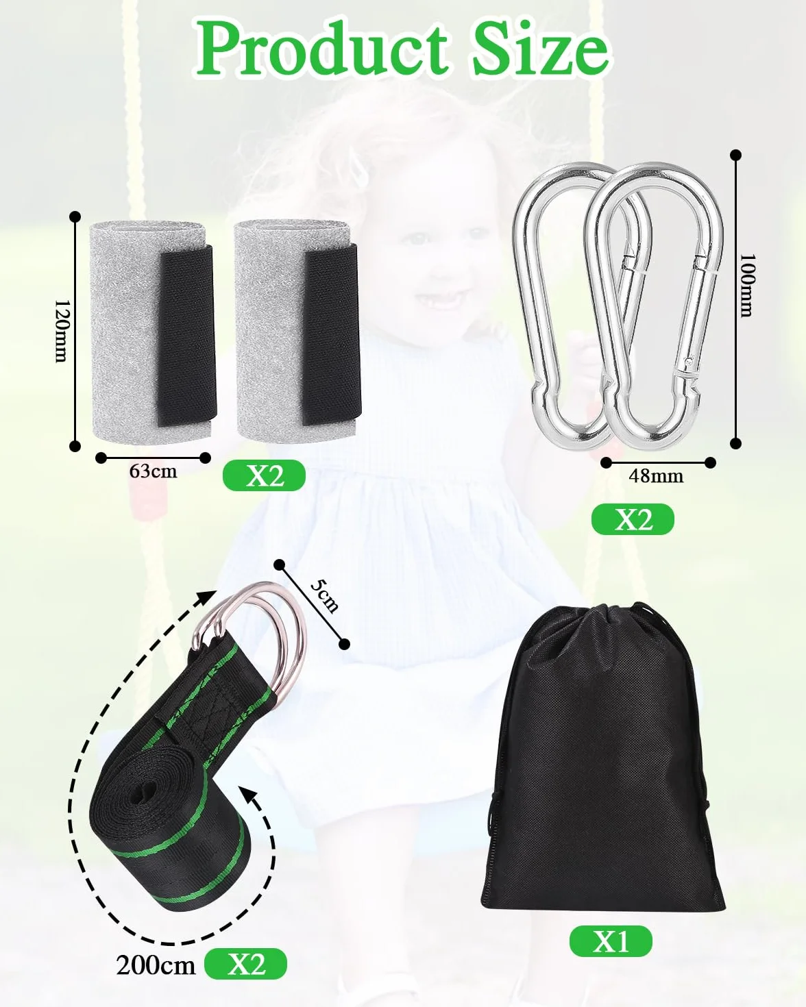 Sangle de Suspension 2 x 200 cm avec D-Ring, Protection d'Arbre pour Balançoire et Hamac Vert