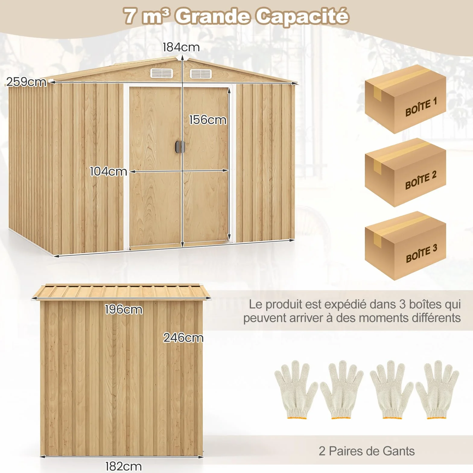 COSTWAY Abri de Jardin 5㎡ Acier Galvanisé Anti-UV 259x196x184 cm Cabane Exterieur 7m³ Porte Coulissante