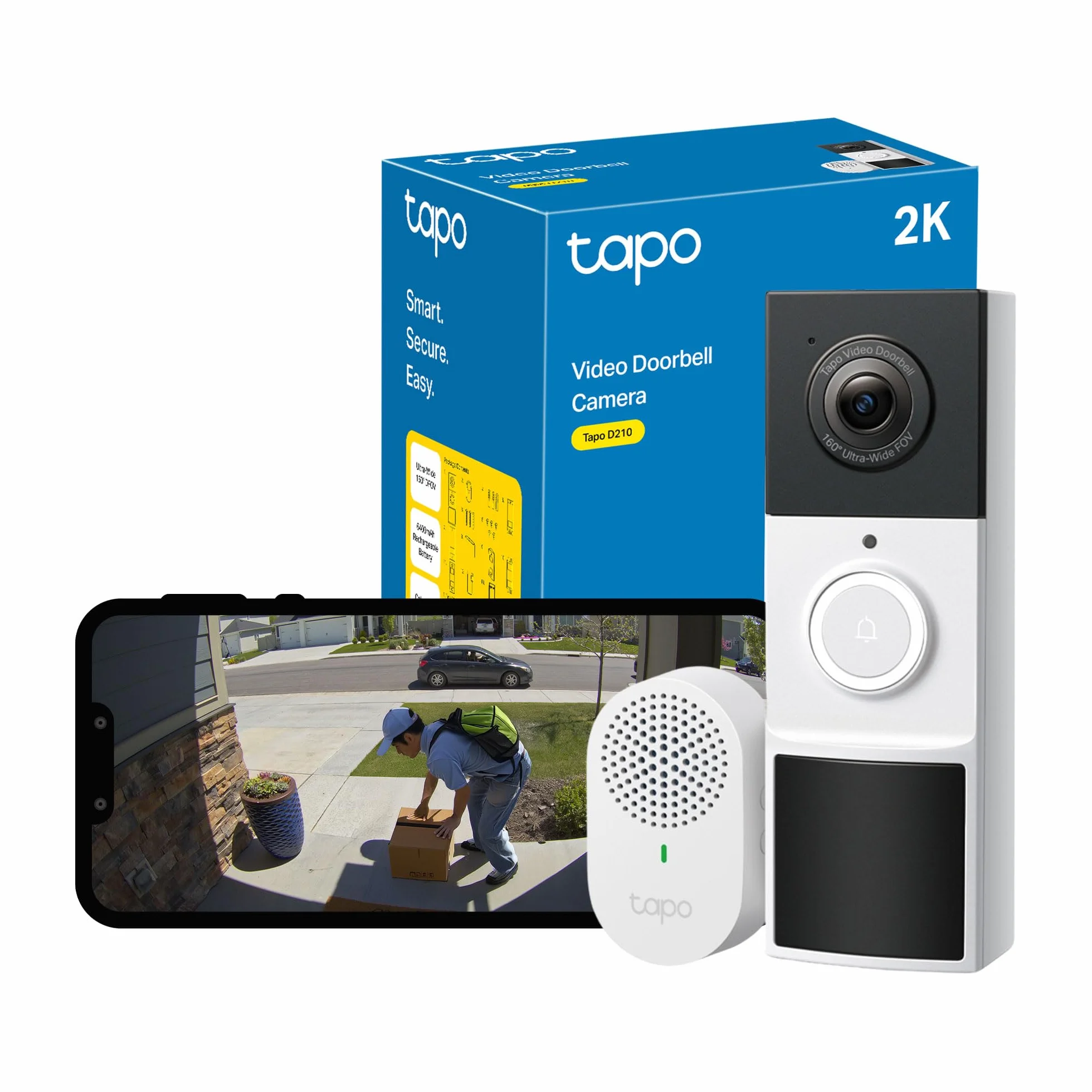 Tapo Caméra de Sonnette sans Fil, Sonnette vidéo alimentée par Batterie 2K 3MP, Vue Ultra Large à 160°, Vision Nocturne en Couleur, détection AI, IP65 résistant aux intempéries, Compatible avec Alexa