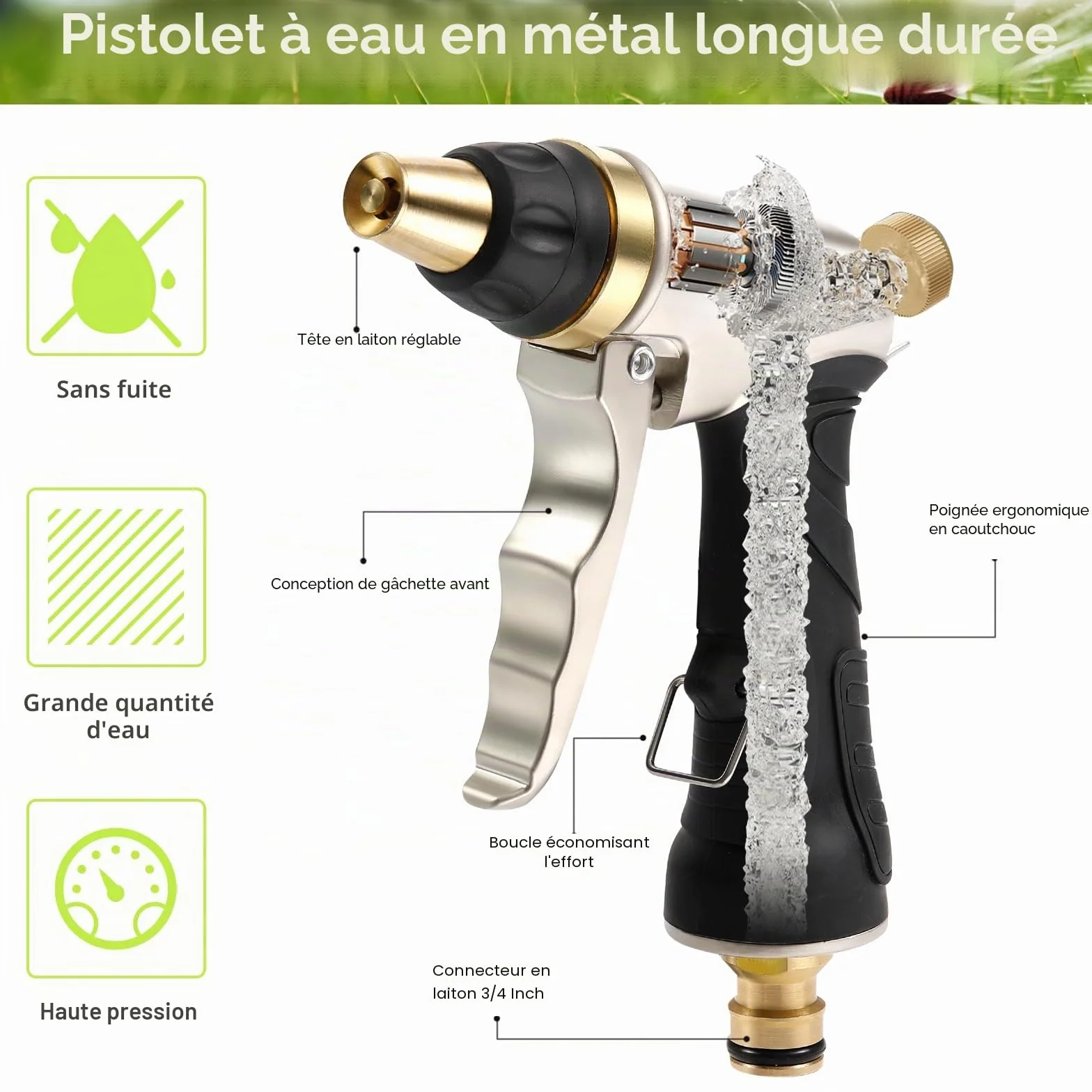 Pistolet d'Arrosage Haute Pression avec Buse en Laiton Réglable pour Nettoyage Voiture Jardin