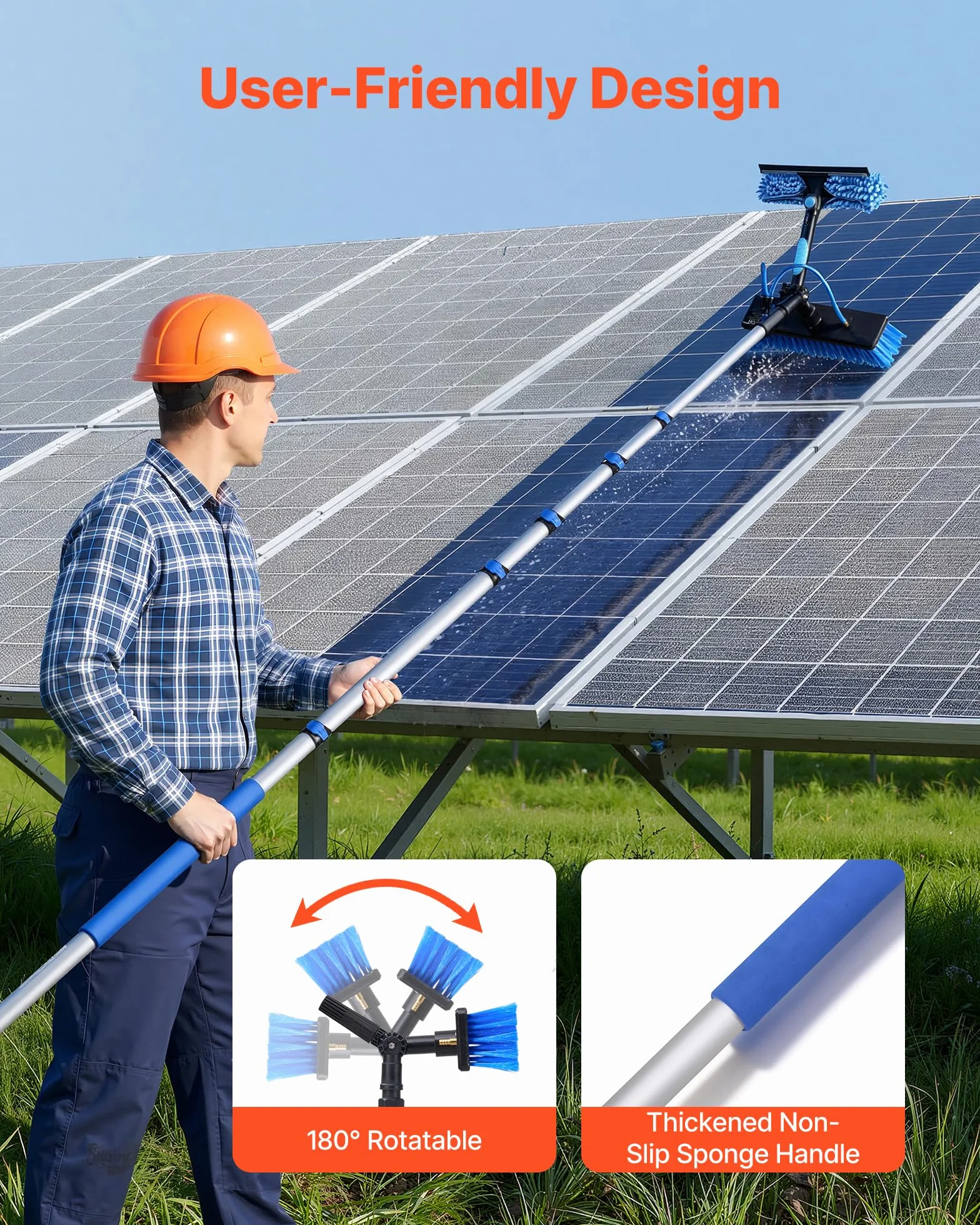 VEVOR Kit Nettoyage pour Panneaux Solaires 10 m Brosse Télescopique Nettoyage à Passage Eau Perche Alliage Alu pour Panneaux Solaires sur Toit, avec Tête de Brosse Rotative 180°, Distributeur de Savon