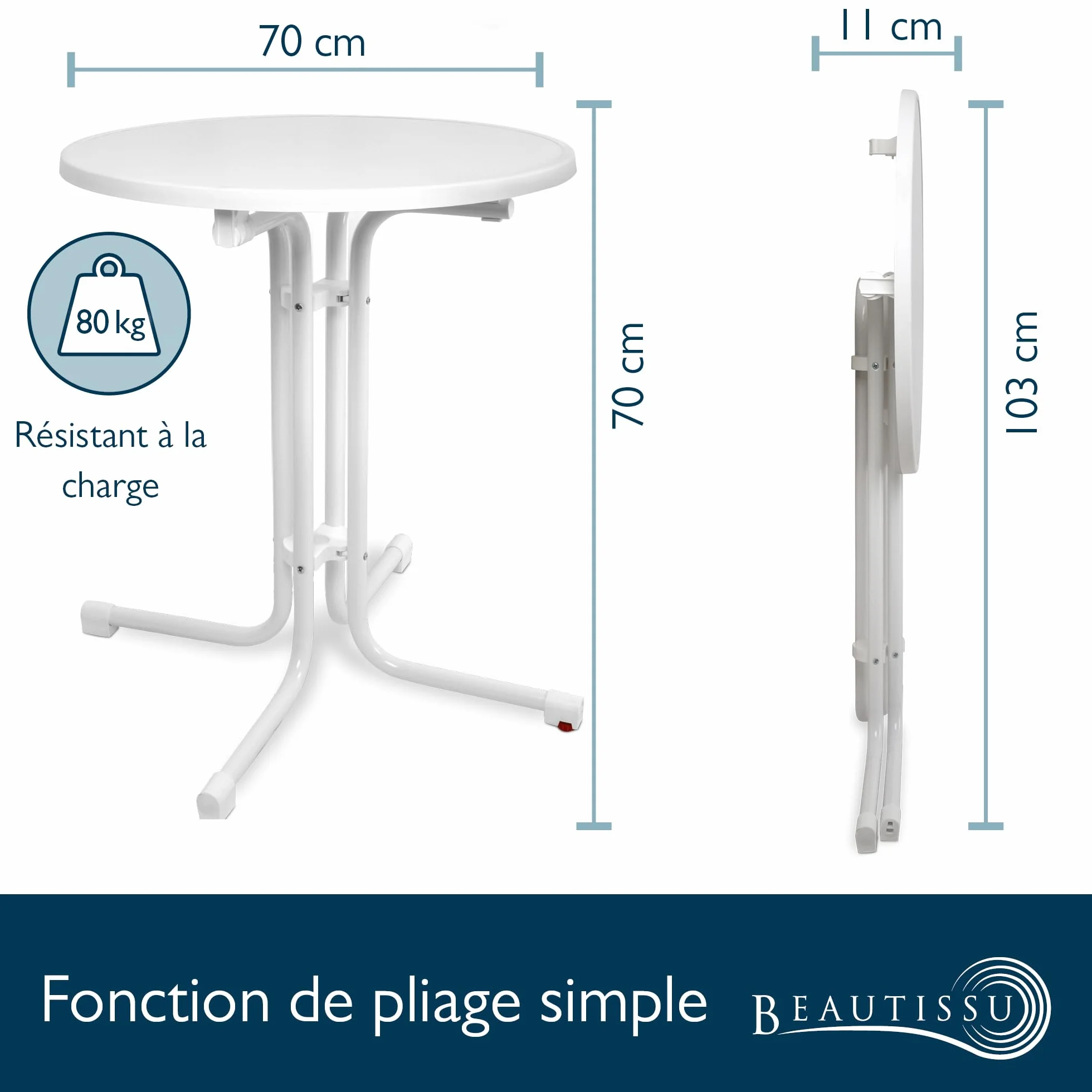 Beautissu Table Bistrot Extérieur Ronde Ø 70 cm Pliante Blanc