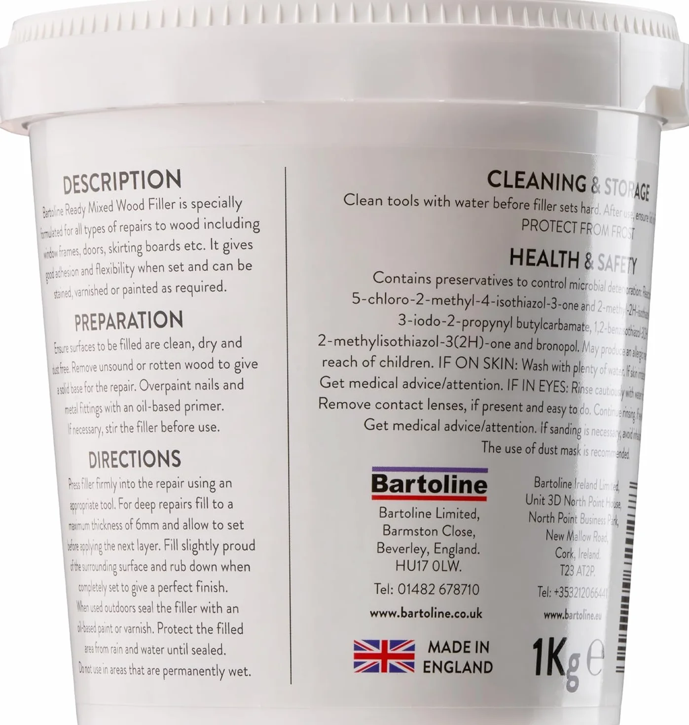 Bartoline Ready Mixed Wood Filler White 1 kg, Mastic Durable et Facile à Utiliser pour Les Réparations de Bois à l'Intérieur et à l'Extérieur