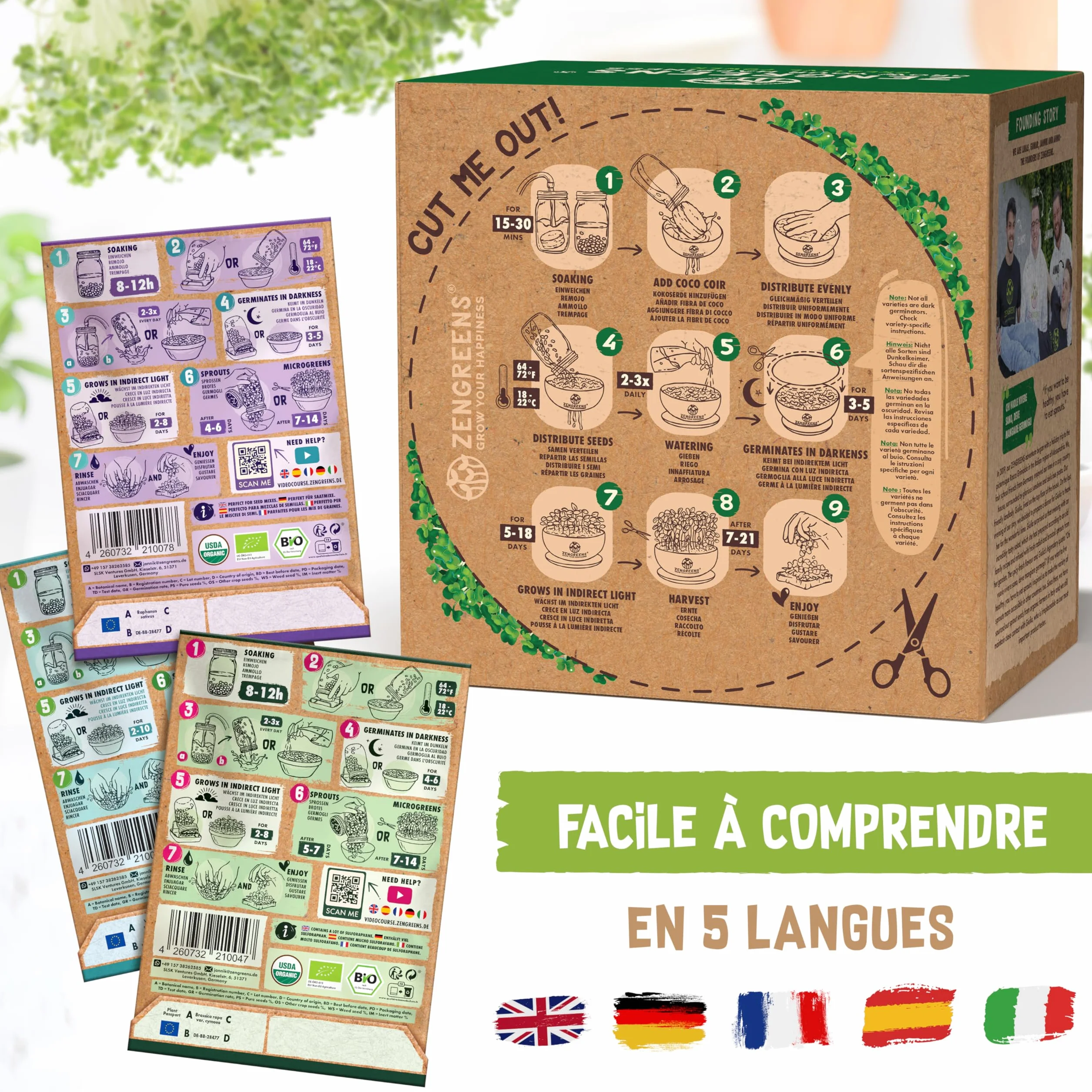 Kit de germoir pour microgreens Bio - Germoir en Coco - Inclus: coupelle, pastilles et graines (Brocoli, Radis, Haricot Mungo)