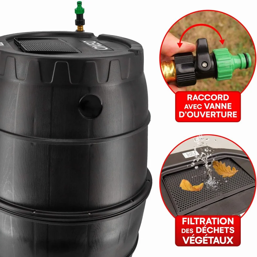 Oxeo Récupérateur Eau de Pluie Semi-Rigide 170L Tonneau résistant au Gel Tuyau Kit perçage Trop-Plein