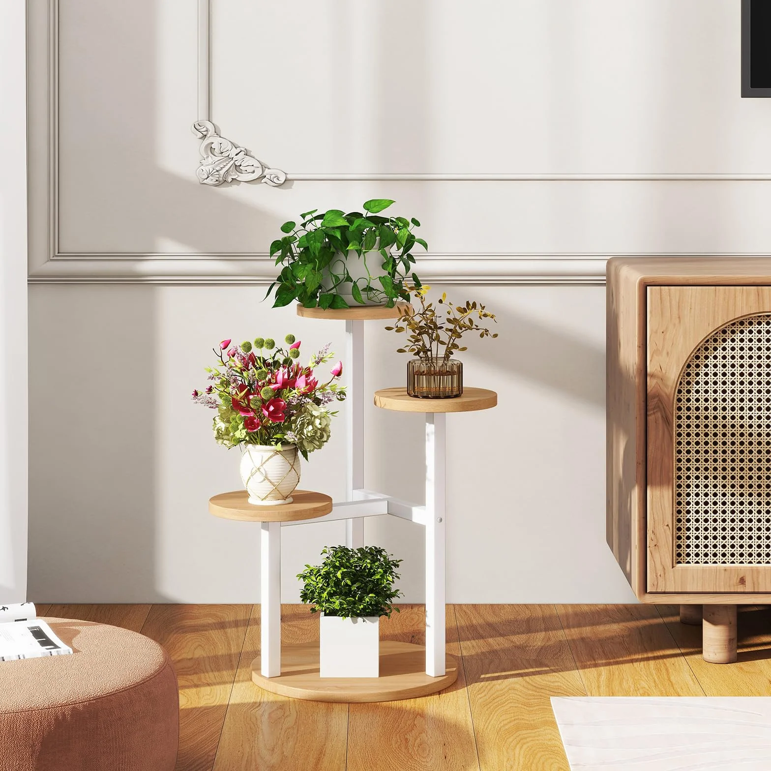 IBUYKE Support de Plante en Métal Bois 4 Niveaux 52.5cm Étagère d'Angle Blanc