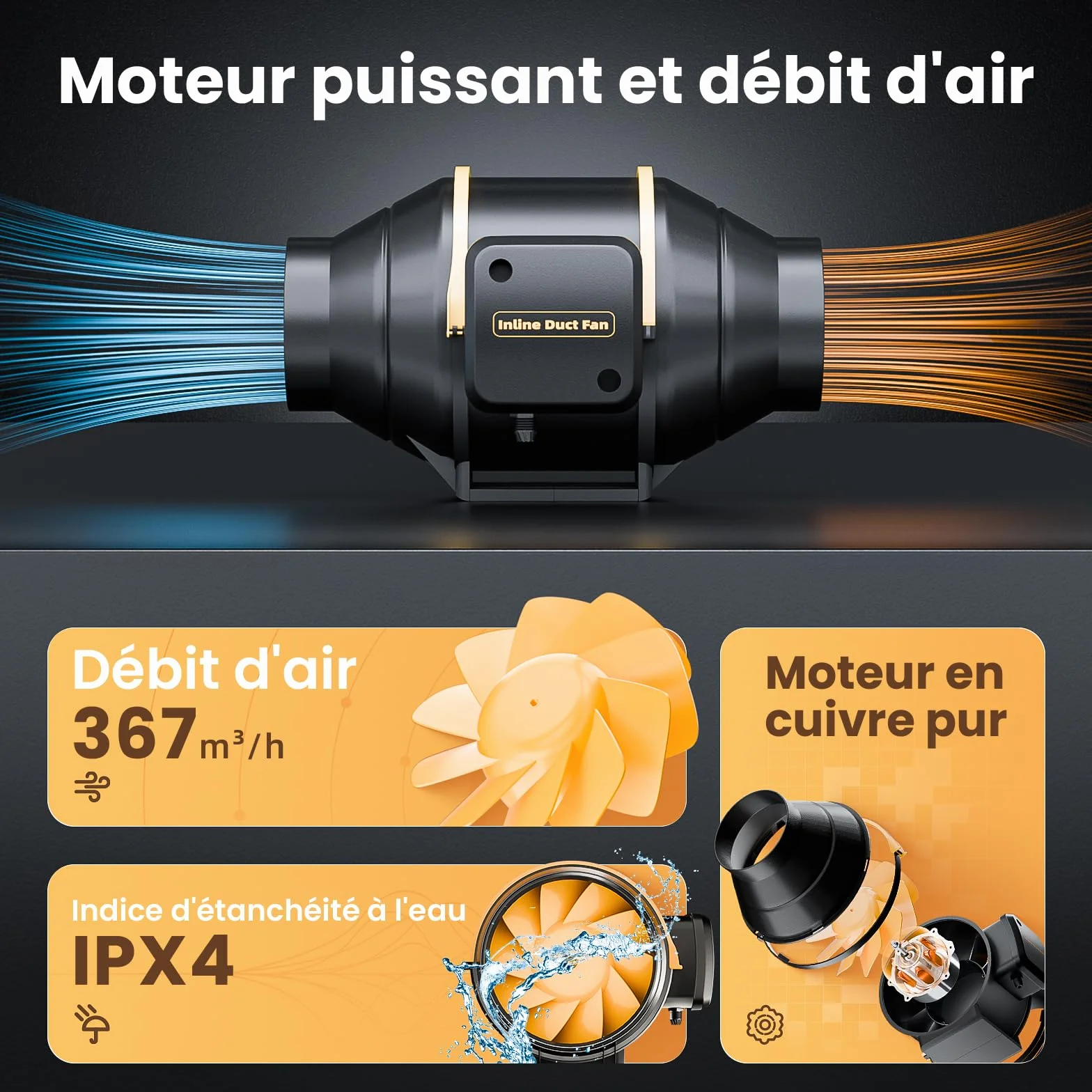 Extracteur d'air 100 mm Silencieux Réglable 367 m³/h Contrôleur de vitesse Inclus
