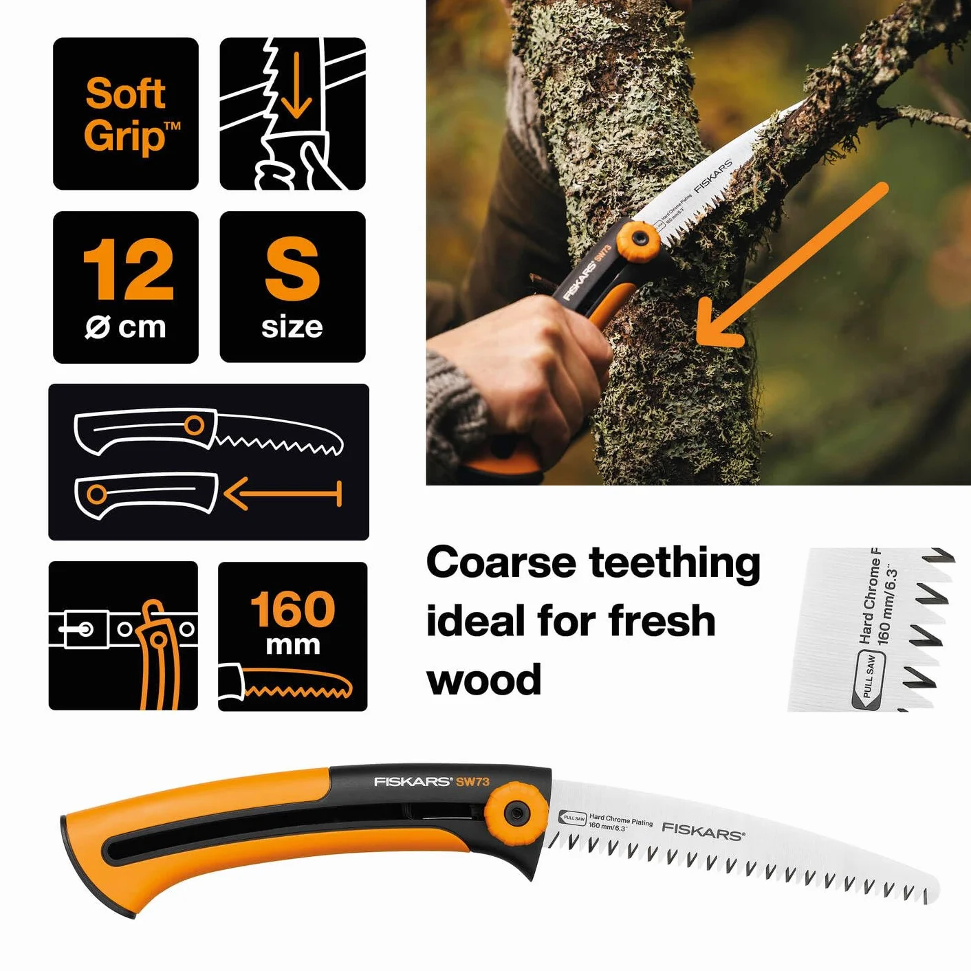Fiskars Scie à élaguer pour Bois Vert, Lame Rétractable, Grandes dents, Coupe tirante, Longueur de Lame: 16 cm, Lame en Acier Inoxydable, Noir/Orange, Xtract, SW73, 1000613