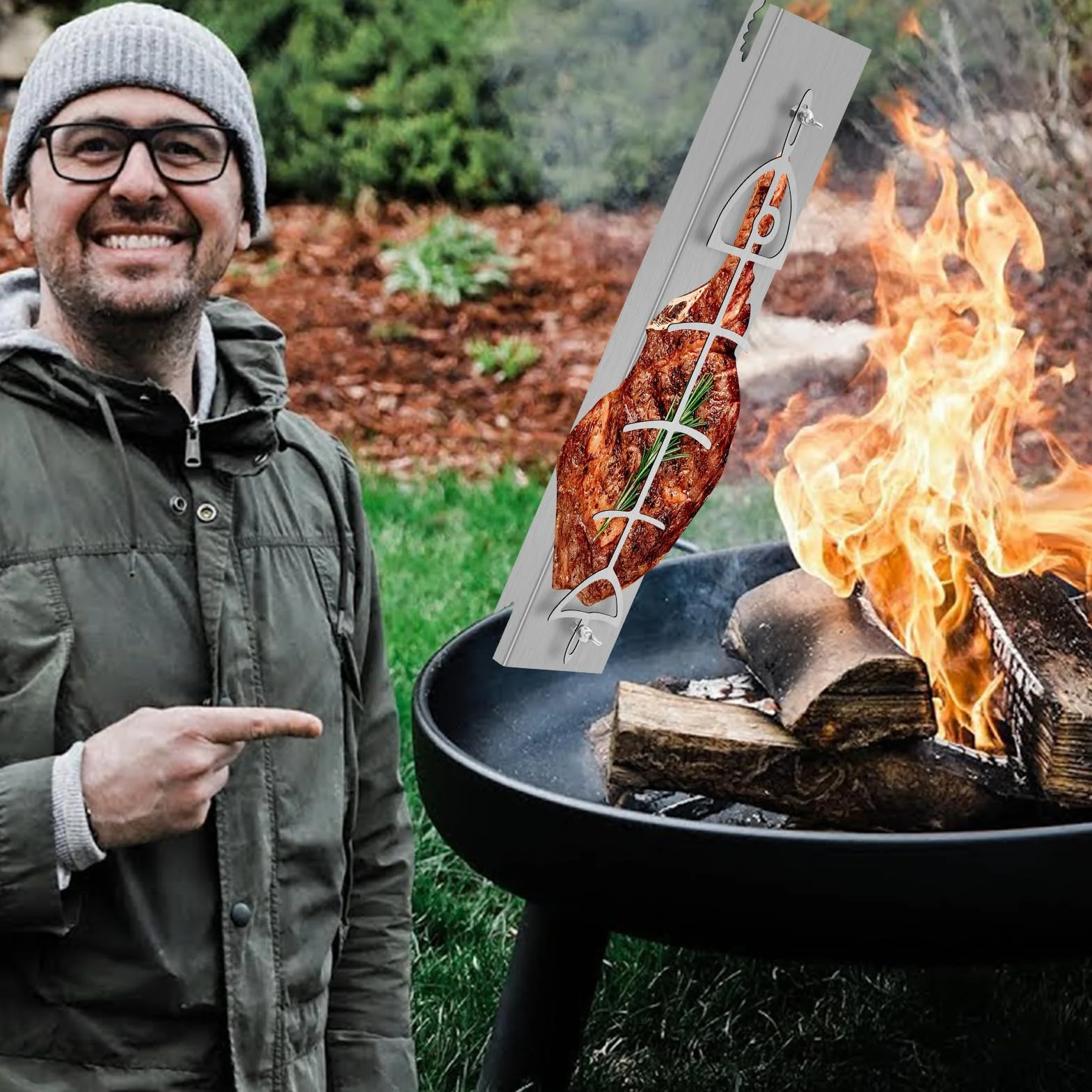 Planche à saumon flambée en acier inoxydable pour brasero et barbecue sphérique, réversible 180°, 5 positions
