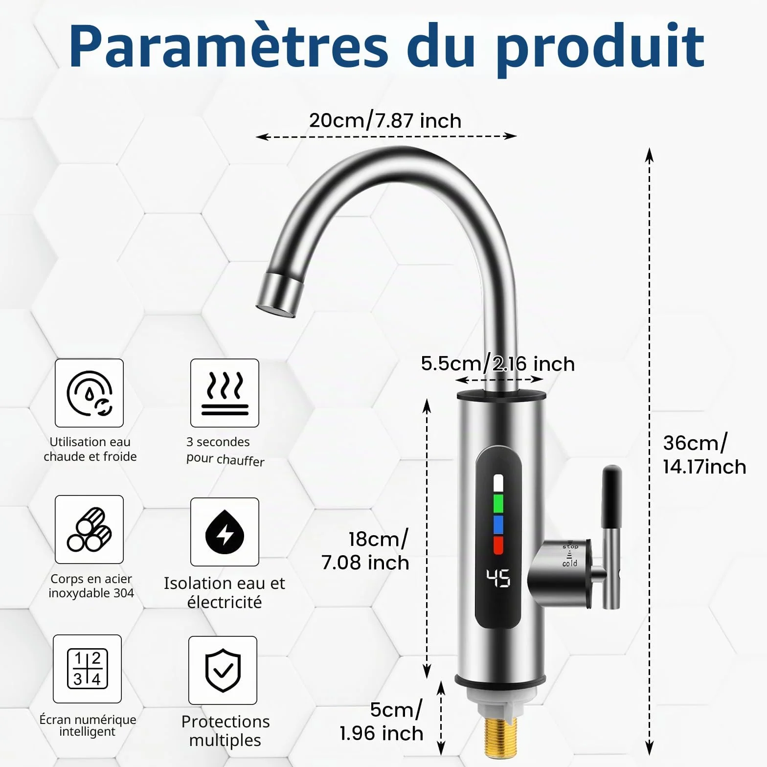 360° Robinet Chauffant Instantané 3000W Avec Indicateur LED Cuisine Salle De Bains