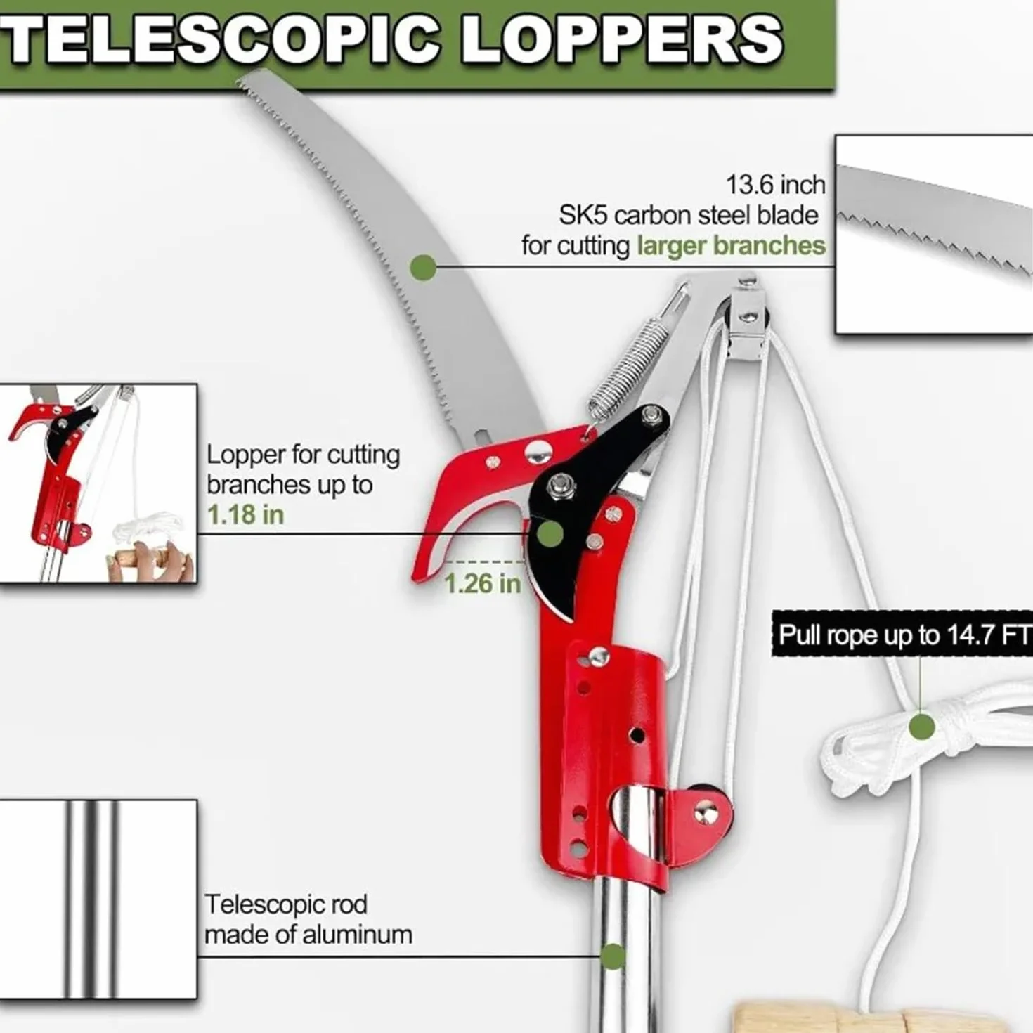 Coupe Branche Telescopique,Scie d'Élagage Manuelle,Secateur Telescopique Réglable En Hauteur Sur 5 m,Avec 10 Poteaux Alliage Aluminium Pour Élagage Coupe Branches Hautes Palmiers Arbustes(Bleu)