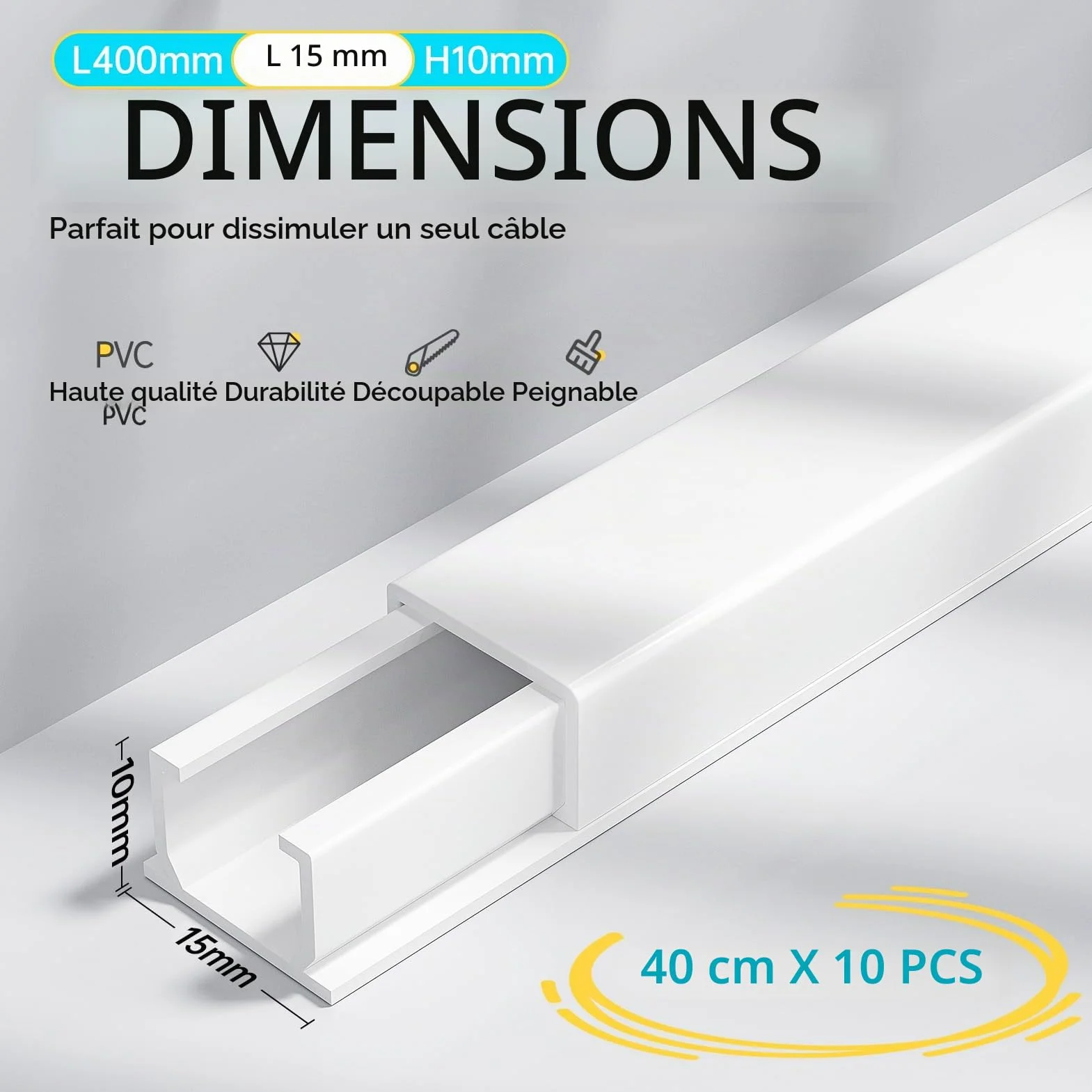 kinkaivy Goulotte Passe Câble, 4M Mini Goulotte électrique Autocollante, Pouvant être Peinte Goulotte pour Cacher Un Câble d'enceinte ou Un Câble TV–10x40CM(Longueurs), 15mm (Largeur), 10mm(Hauteur)