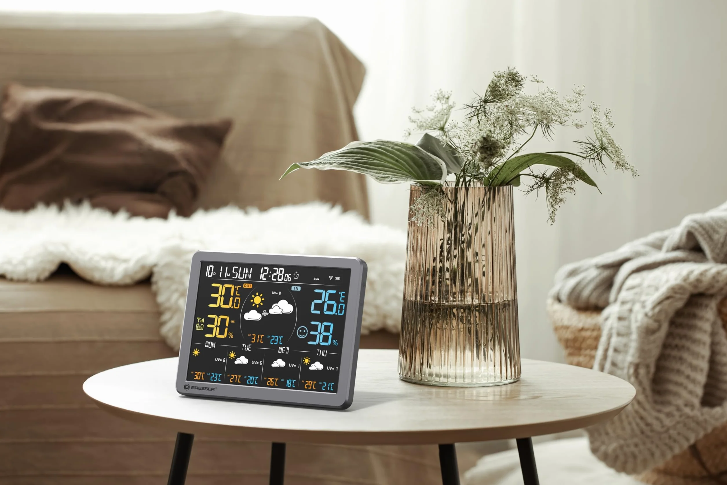 Bresser Stacja pogodowa Wi-Fi z aplikacją Tuya Smart Home, prognoza 5-dniowa, czujnik temperatury i wilgotności, wyświetlacz komfortu, budzik, funkcja ostrzegania