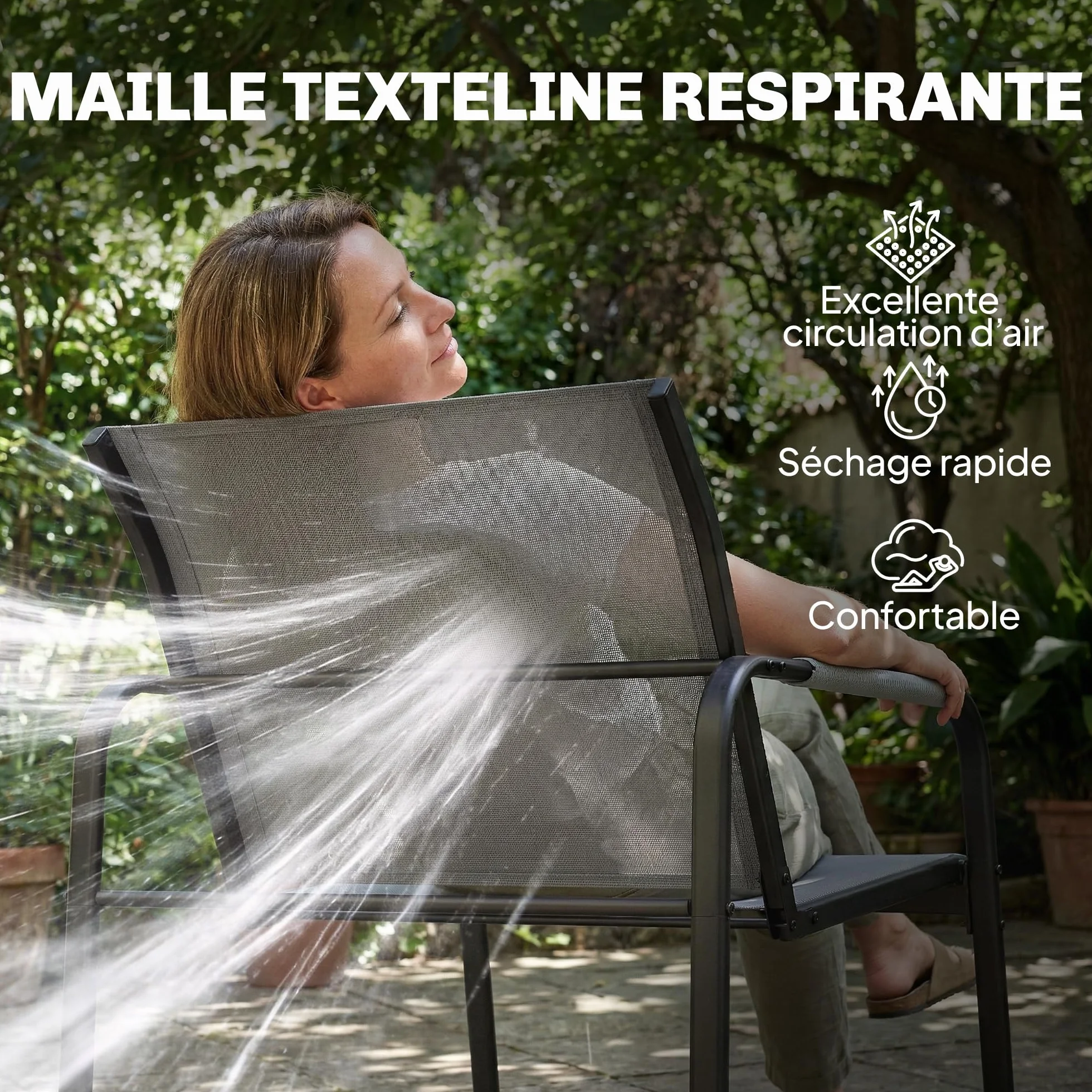 Outsunny Salon de Jardin 4 Pièces Acier Textilène Ensemble Terrasse Accoudoirs Corde Tressée Canapé 2 Places Fauteuils Table Basse Verre Trempé Gris