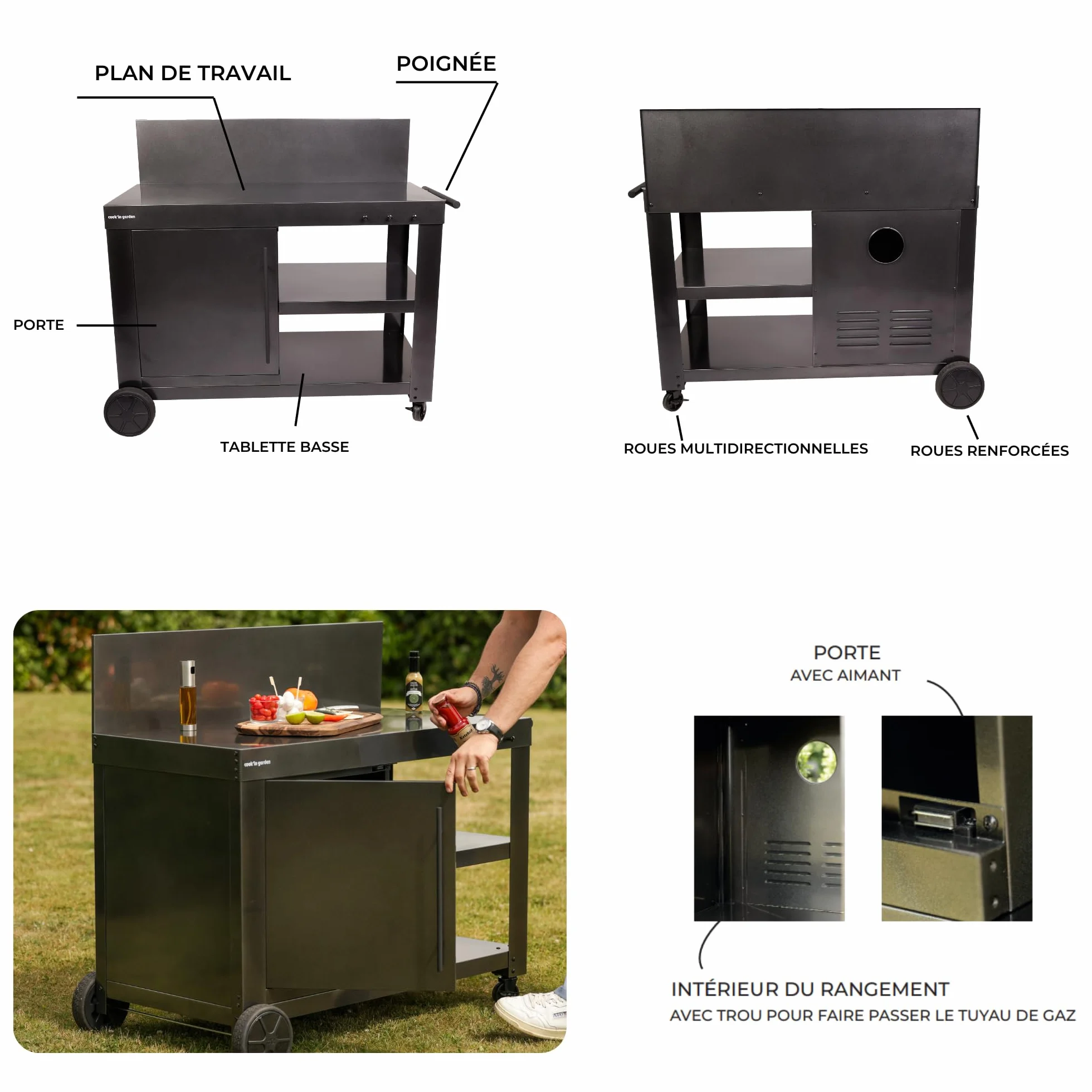 Cook'in Garden Desserte Nova 110 Premium Chariot de Jardin avec Plan de Travail, Meuble sur Roulettes pour Plancha ou Barbecue, Noir