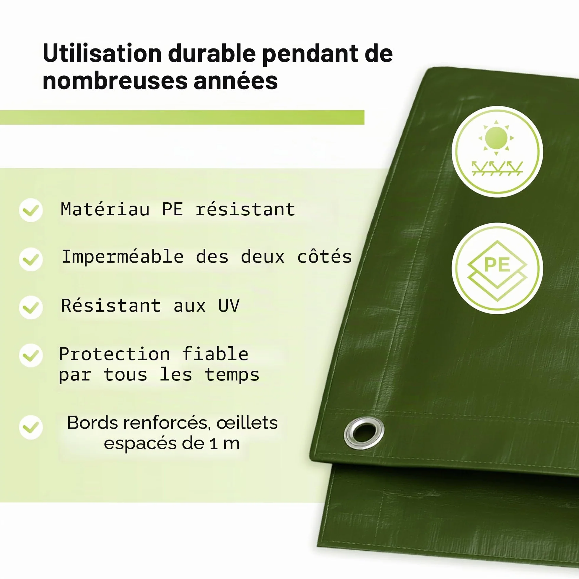 Bâche de protection textile 260 g/m² haute qualité vert blanc bateau bois