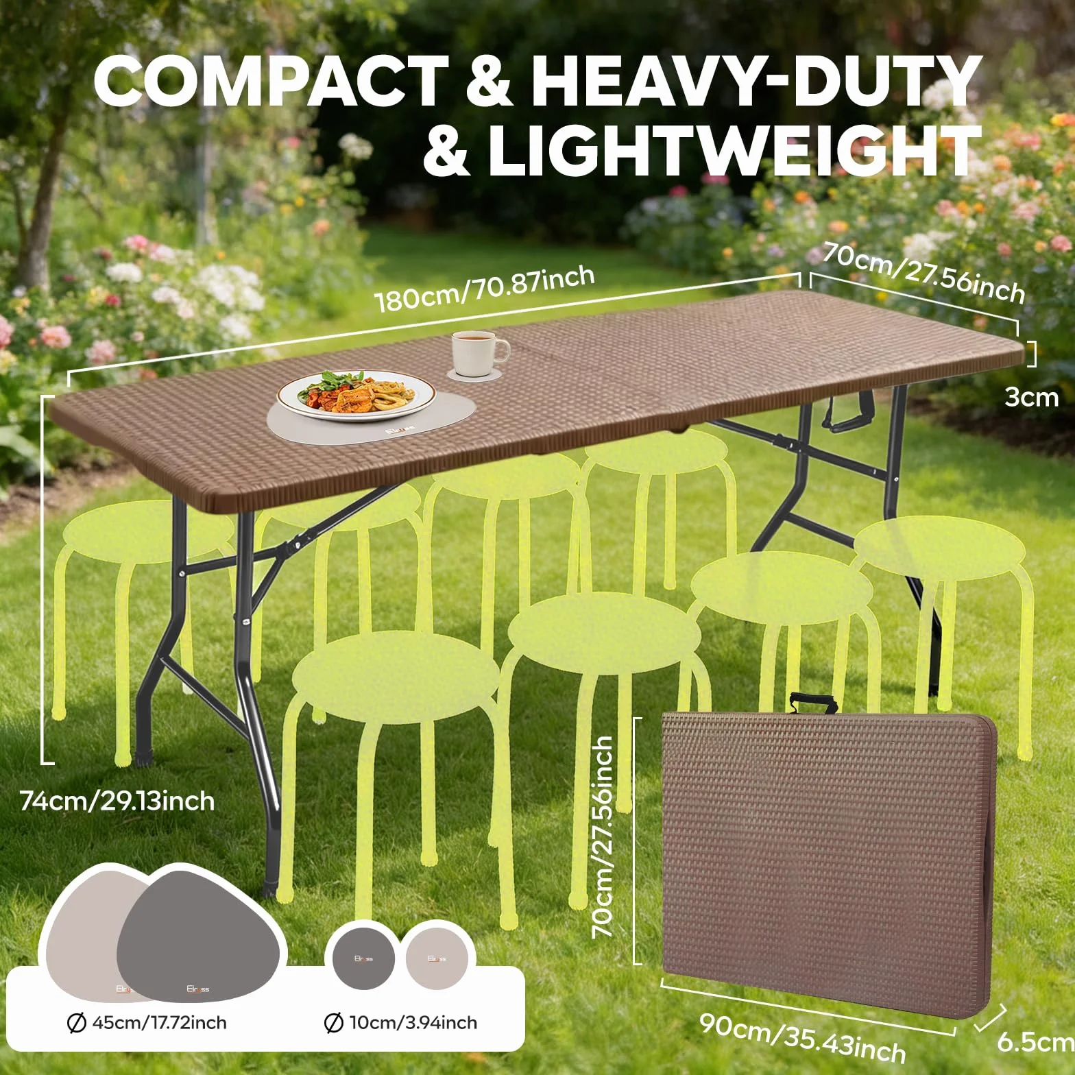 Table Pliante Extérieur 180x70cm Jardin 8 Personnes Marron Plastique Effet Rotin Métal 150 kg