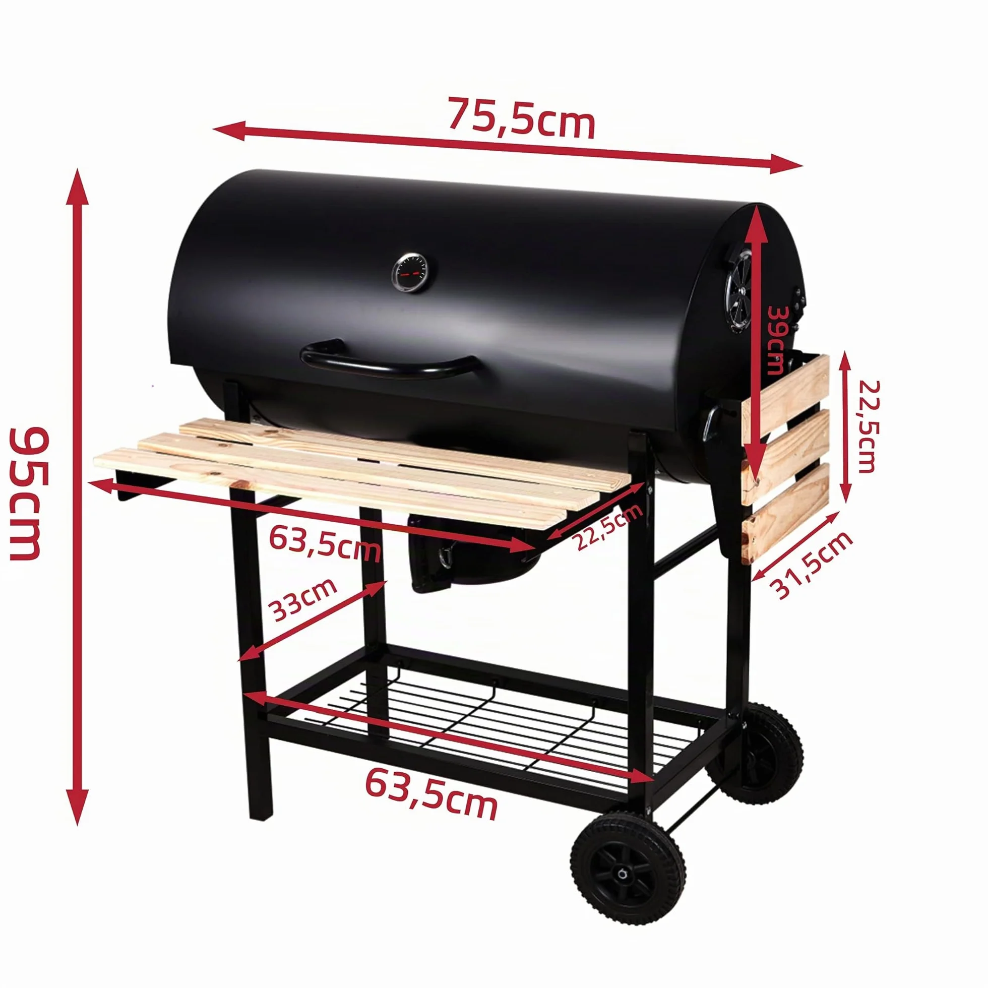 GrillMaster BigBend Rond GM2020 Barbecue Charbon avec Couvercle Roulettes Étagères Jardin