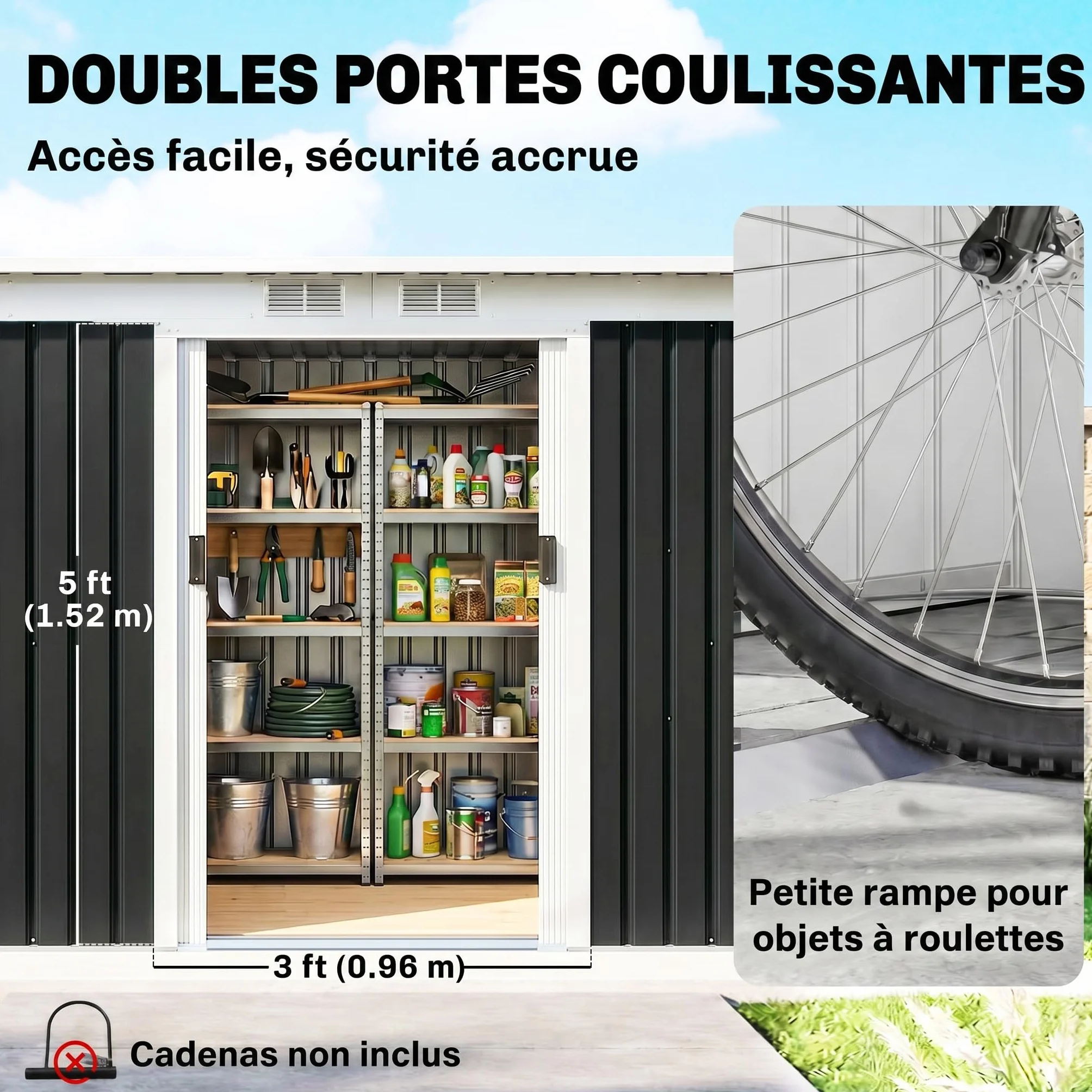 Outsunny Abri de Jardin Acier galvanisé XXL 3,6 m² 280 x 130 x 172 cm Cabanon Rangement Outils Portes coulissantes Noir