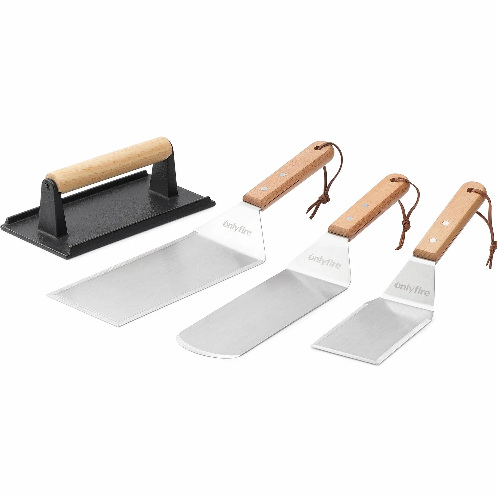 Onlyfire 4 Pièces Ustensiles Plancha Acier Inoxydable Spatule Poids Barbecue Fonte Poignée Bois Professionnel BBQ Kit Teppanyaki