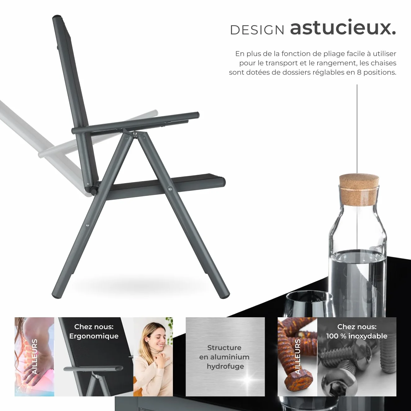 Tectake Salon de Jardin Extérieur en Aluminium 8 Fauteuils Inclinables Pliables 1 Table Mobilier Balcon Terrasse