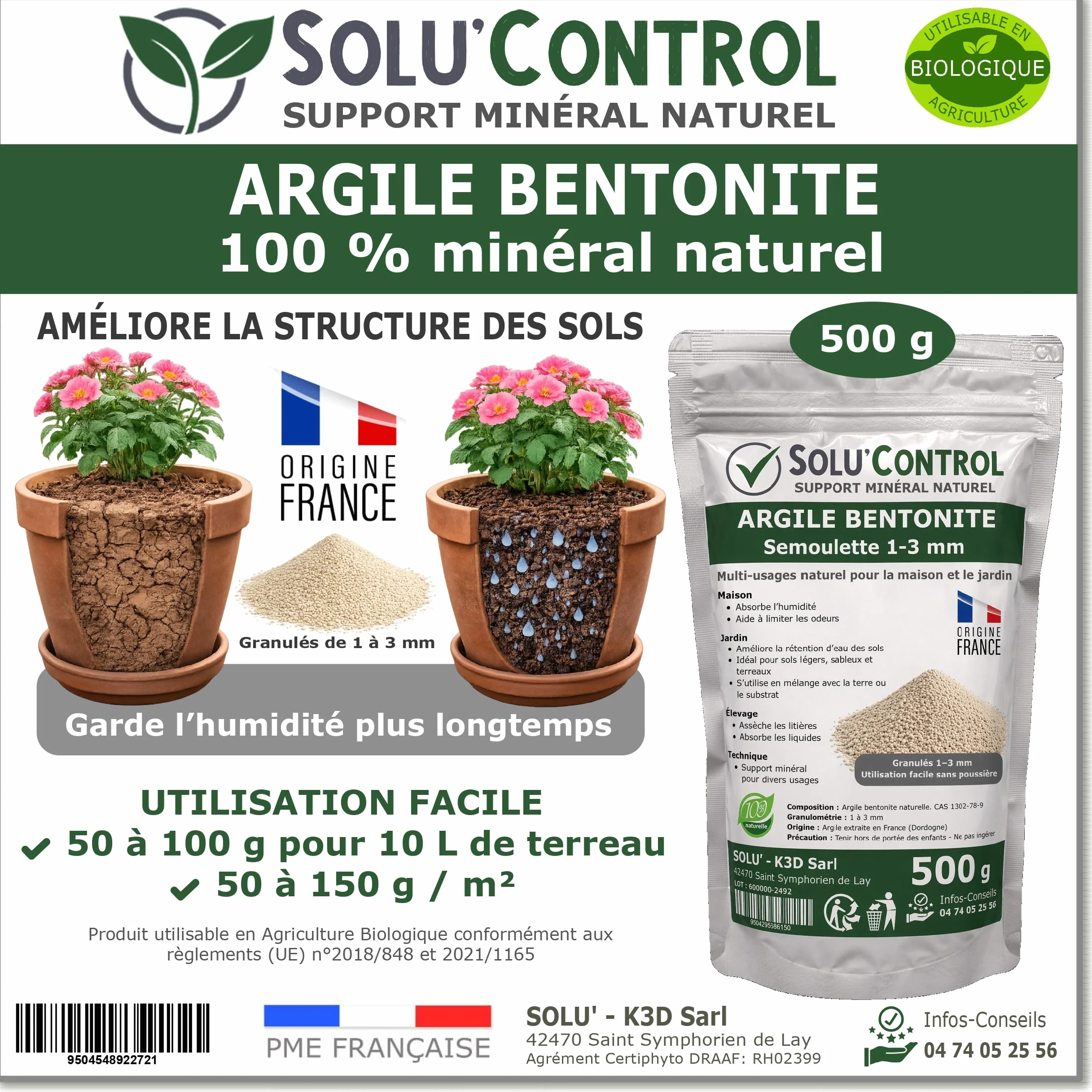 SOLU'CONTROL Argile Bentonite Naturelle 500 g – Améliore la Rétention en Eau des Sols et Terreaux – Agriculture Biologique