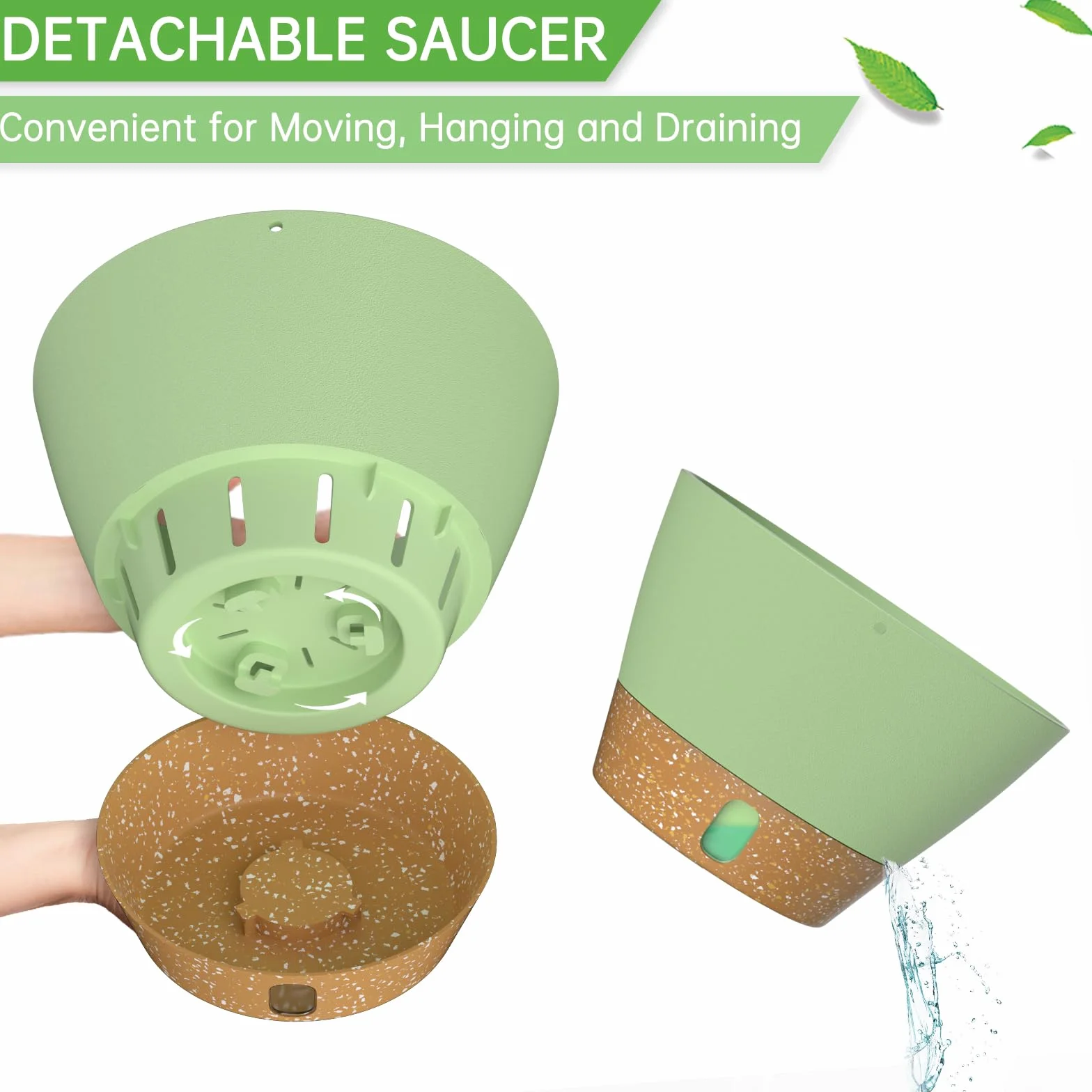 ZMTECH Pot de Fleurs Suspendu 20 cm avec Plateau à Niveau d'Eau Visible, Drainage, Soucoupe, Vert, Lot de 2