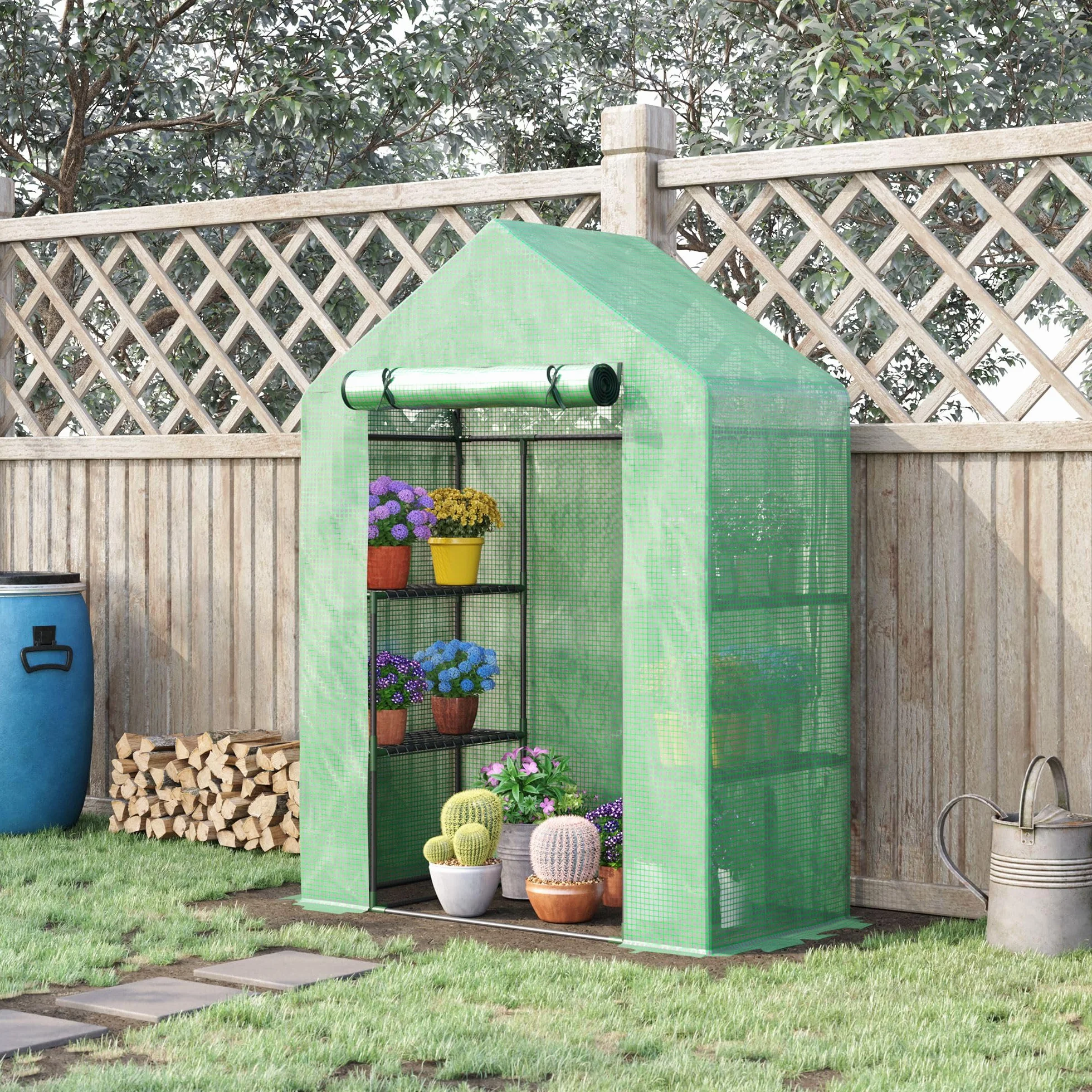 Outsunny Serre de Jardin avec Étagères 3 Niveaux, Bâche PE 140 g/㎡, Châssis Acier, 141x72x191 cm, Vert