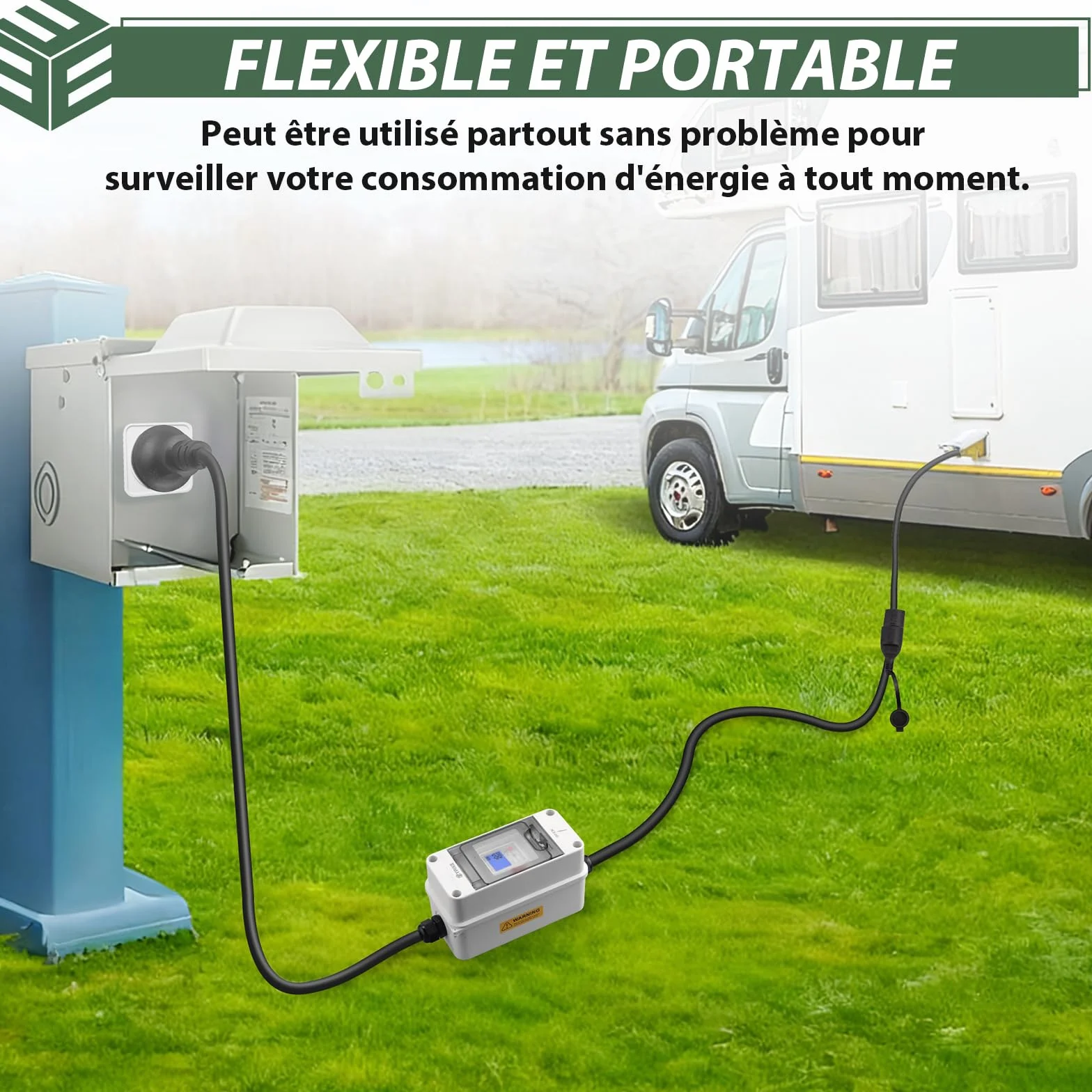 EYPINS Compteur d'Énergie Portable Étanche IP65 avec Interrupteur Wattmètre de Prise avec Mémoire,Surveillance Temps Réel 80A 3680W,Câbles 2x1.5m H07RN-F VDE pour Camping-Car,Maison,Extérieur