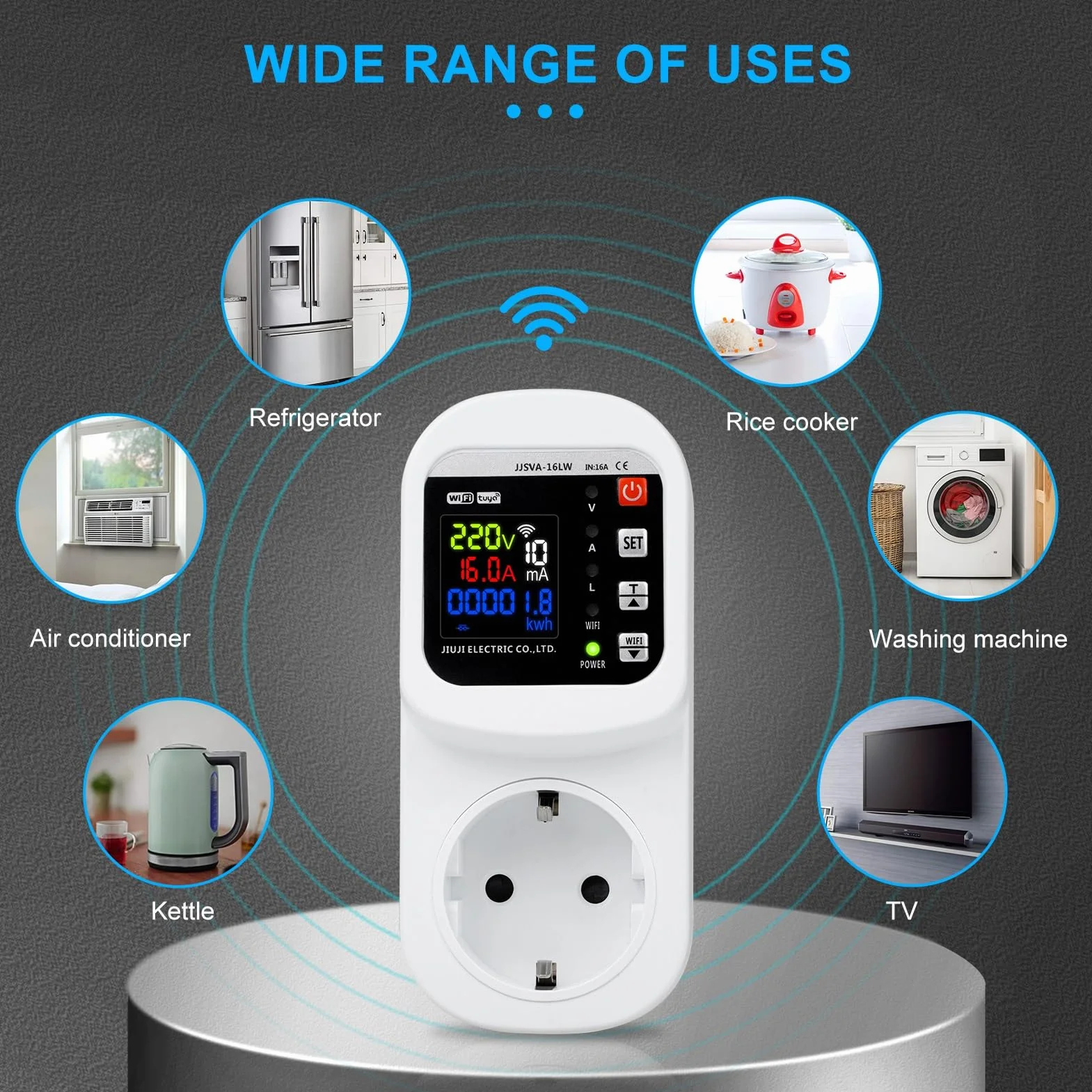 Jadeshay Wattmètre Prise Compteur d'Énergie WiFi Prise Consommation Electrique avec Écran LCD, Dispositif de Protection Contre Les surtensions 16A 230VAC, Contrôle Tuya APP