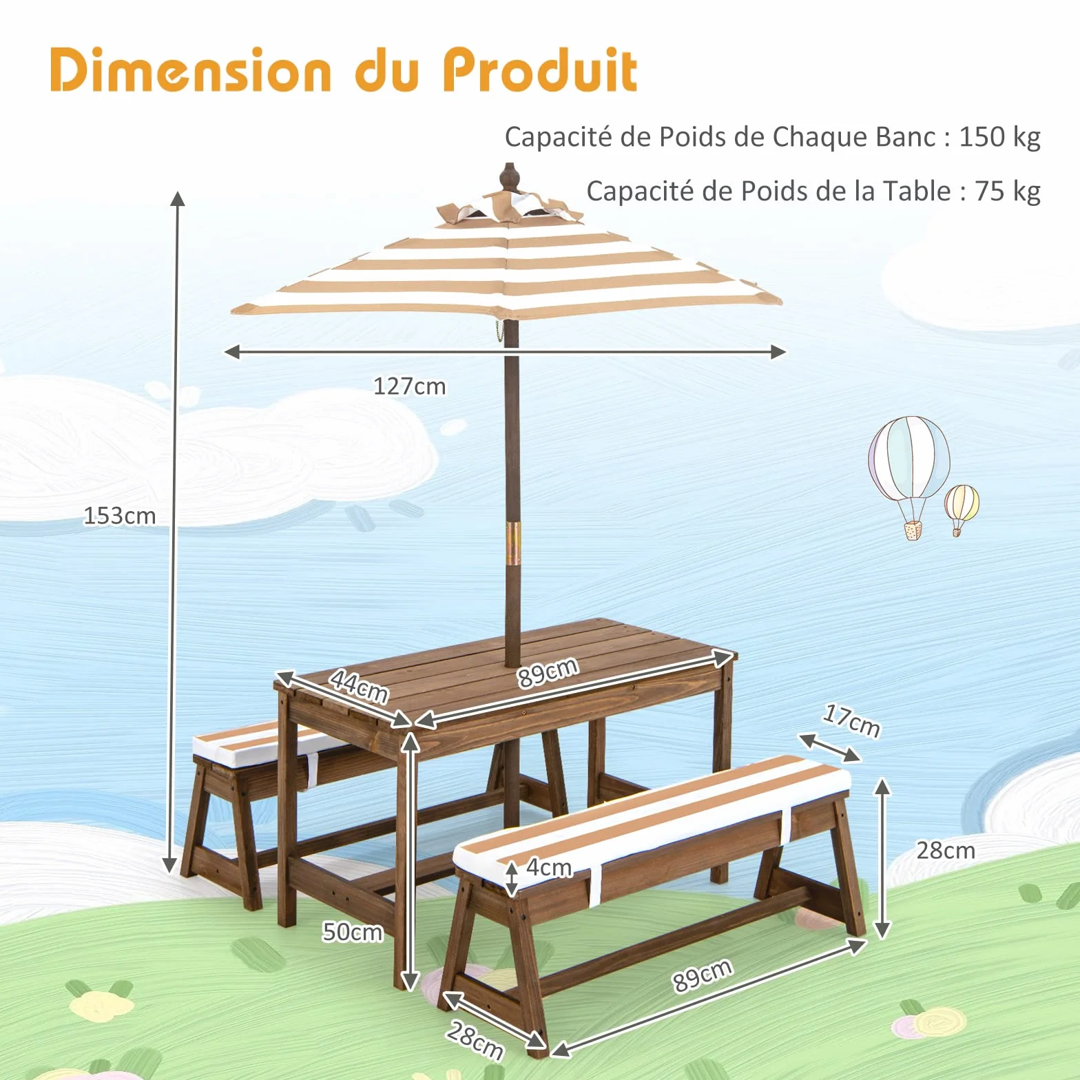 COSTWAY Table de Pique-Nique Enfants avec Parasol Réglable, Salon Jardin Bois Coussins, 89 x 44 x 50 cm Marron