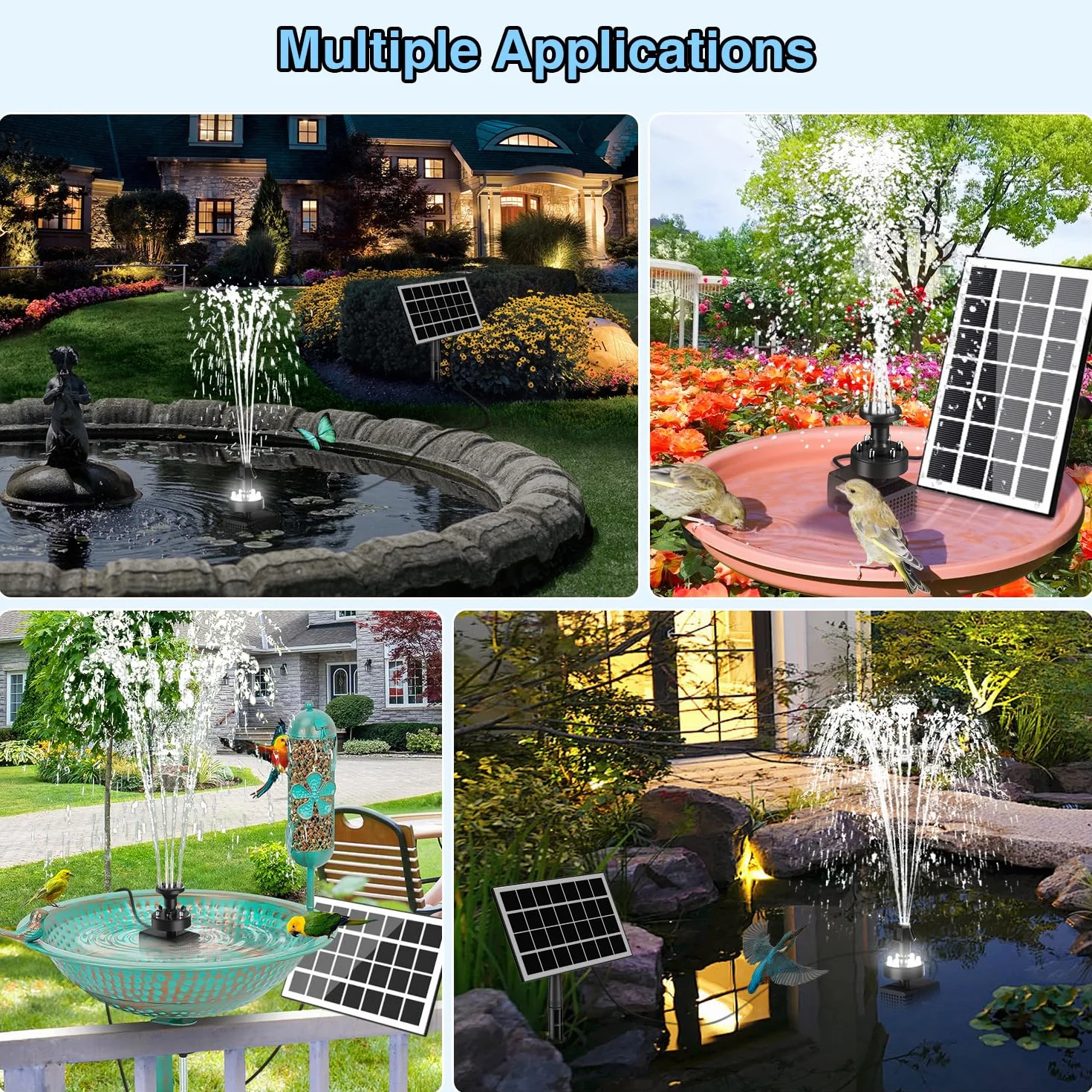 Fontaine Solaire Extérieur 3.5W Pompe Bassin Solaire avec Lumière LED, Batterie 2000mAh, 8 Buses pour Bain d'oiseaux, Jardin