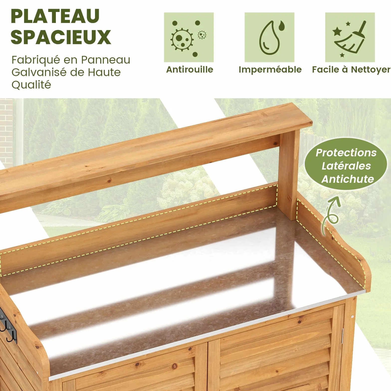 GOPLUS Table de Rempotage en Bois de Sapin, Armoire de Rangement de Jardin avec Plateau en Métal, 87 x 45 x 120 cm, Naturel