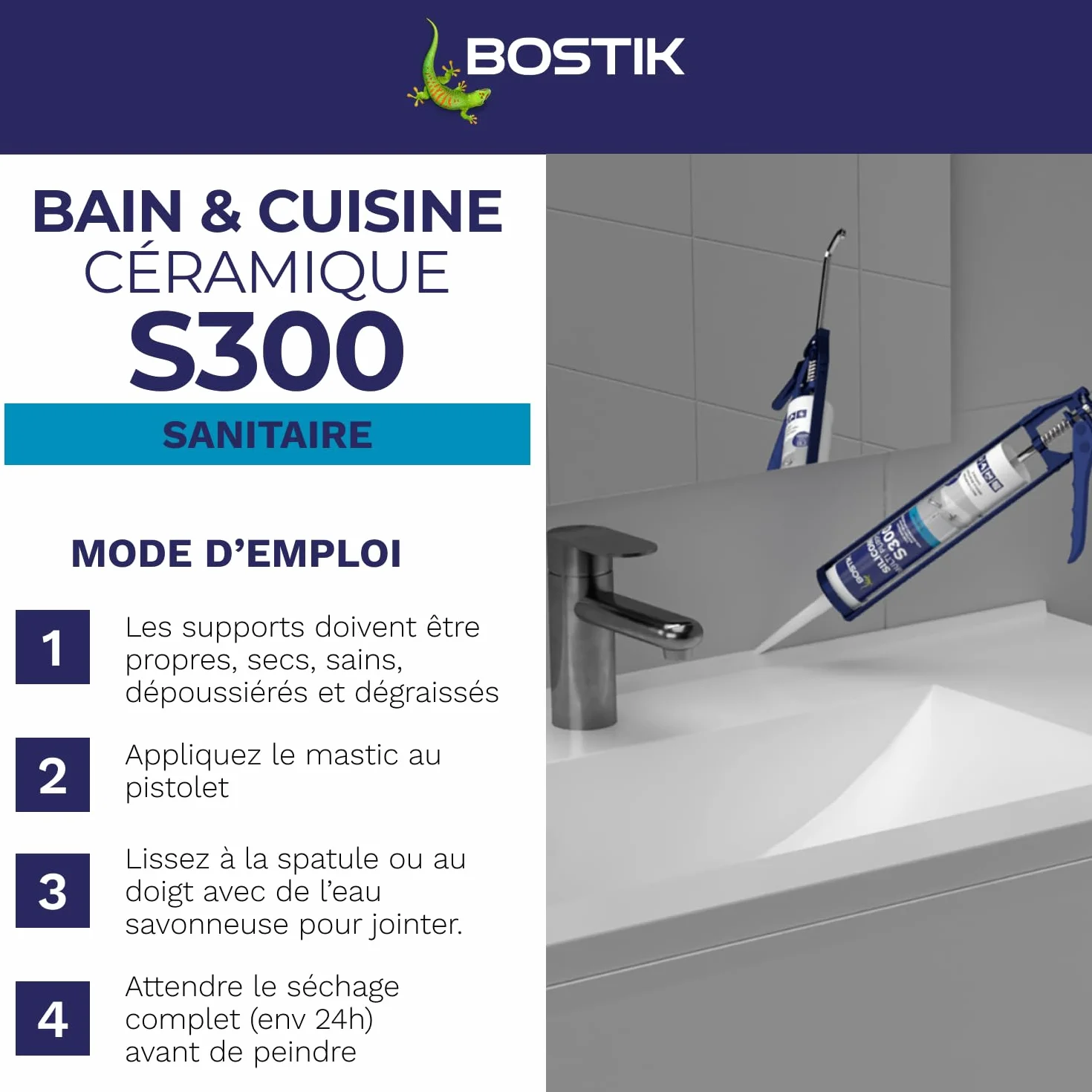 Bostik S300 – Mastic Silicone Etanchéité Bain et Cuisine – Traité Anti Moisissure – Facile à Lisser – Résiste aux Produits d'Entretien – Blanc – Cartouche de 300 ml