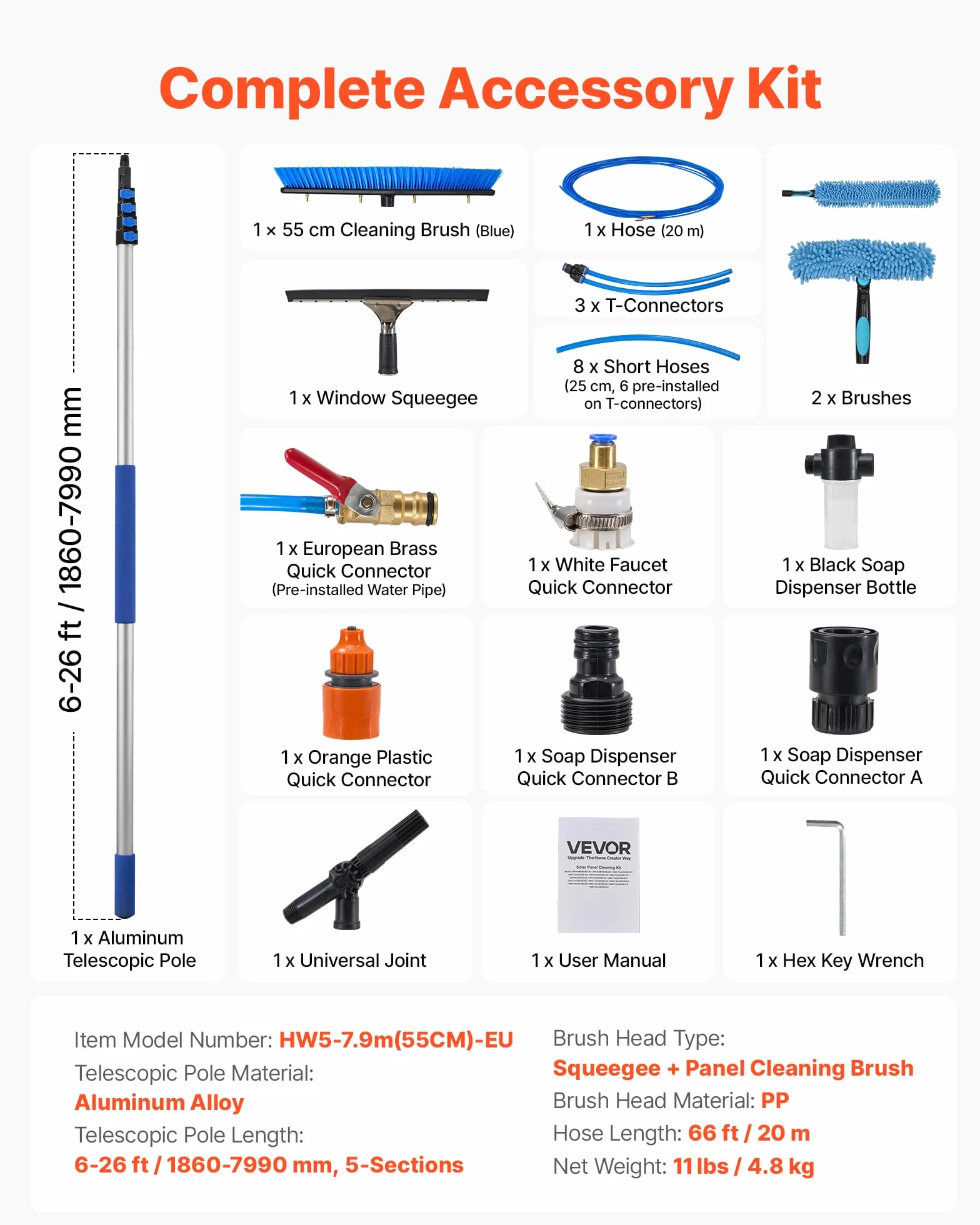 VEVOR Kit Nettoyage pour Panneaux Solaires 10 m Brosse Télescopique Nettoyage à Passage Eau Perche Alliage Alu pour Panneaux Solaires sur Toit, avec Tête de Brosse Rotative 180°, Distributeur de Savon