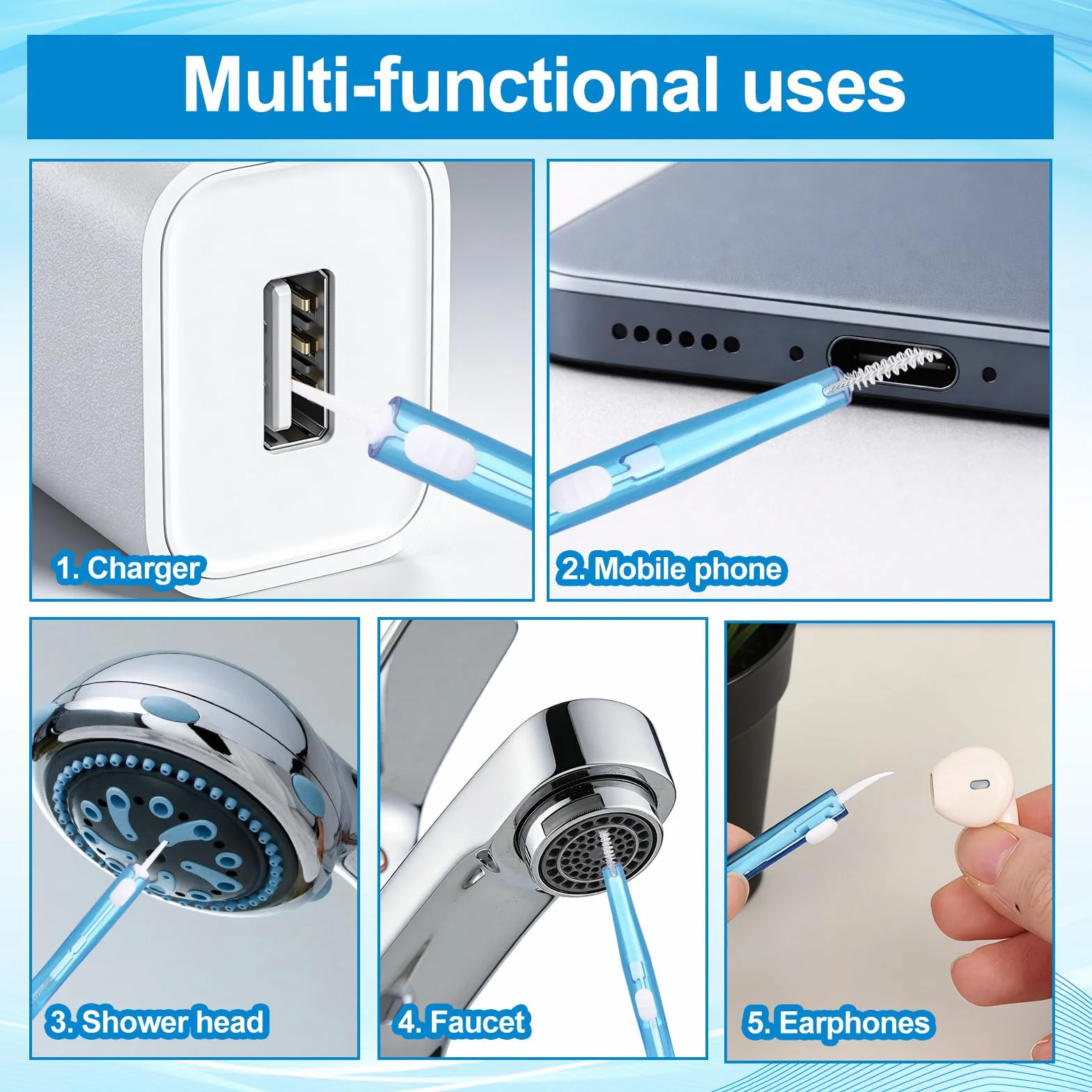 20pcs Kit de Nettoyage pour Téléphone, Nettoyeur Port de Charge avec Brosses Anti-Obstruction et Crochet Nettoyeur Port USB-C pour Téléphone Portable Écouteurs Haut-Parleurs (Bleu)