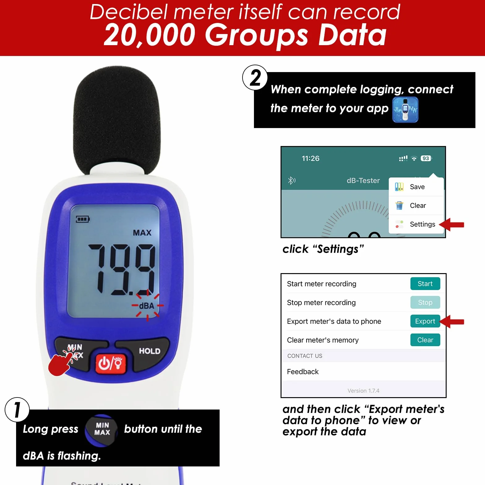 Sonomètre sans fil avec enregistrement de données par application Sonomètre portable Bluetooth 30~130dBA Compteur SPL haute précision pour salles de classe, bureaux, maisons, etc.